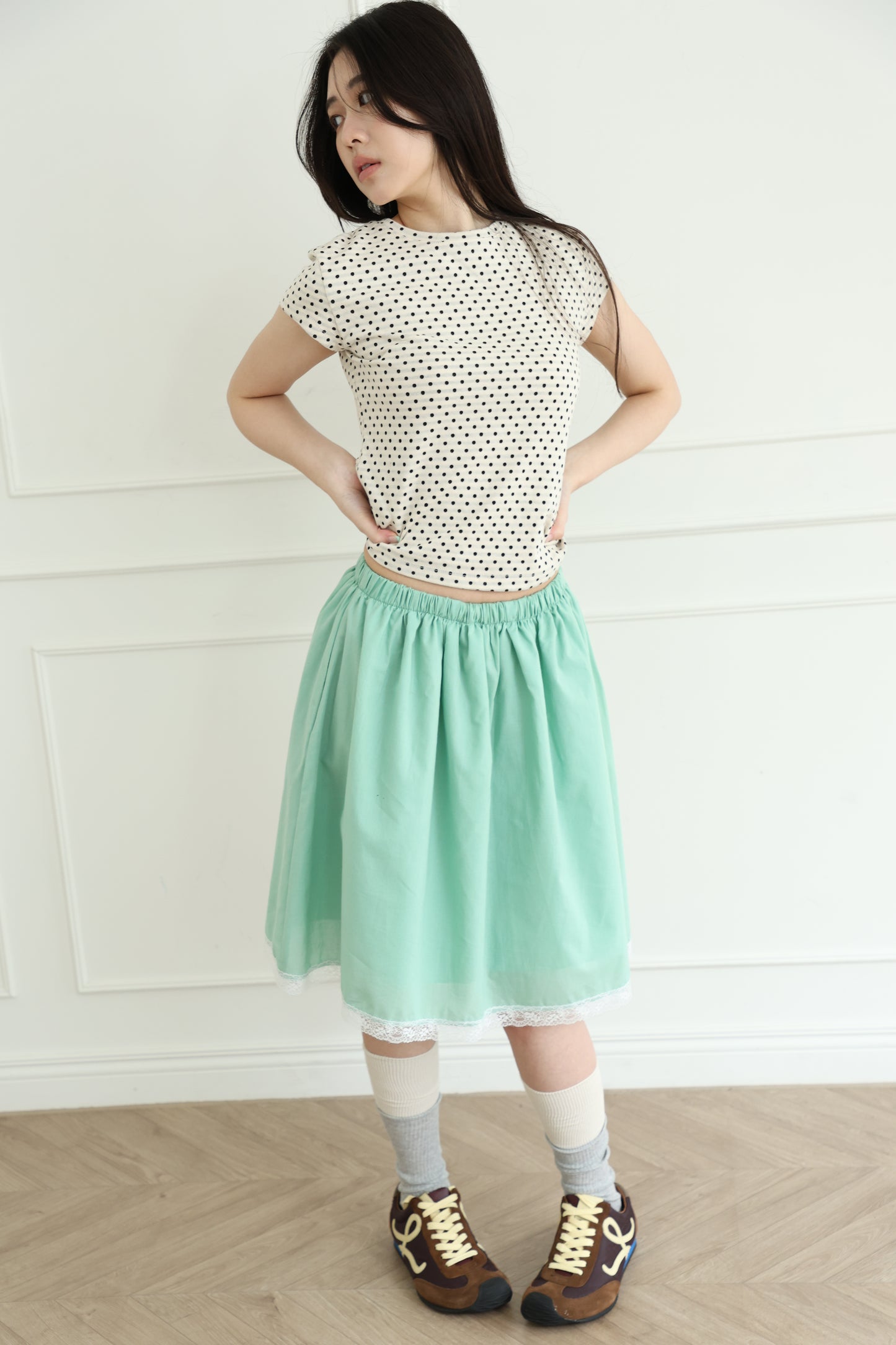 polka dot top with off-shoulder design