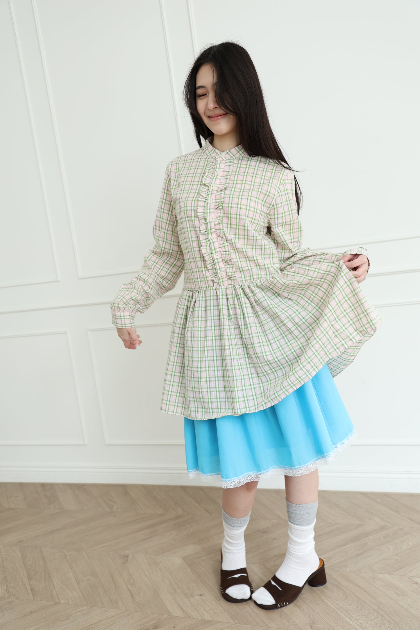 Plaid lace shirt dress