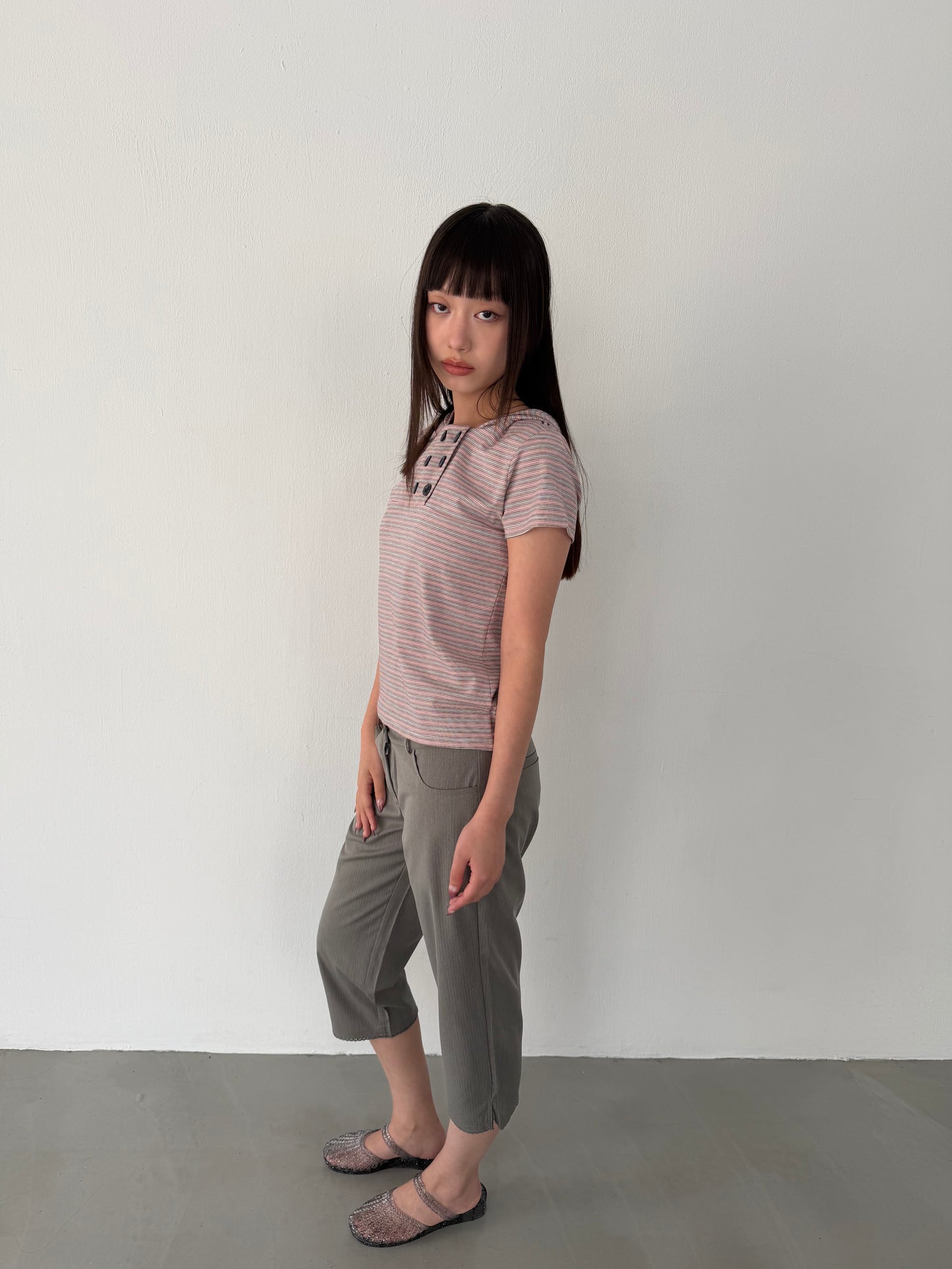 Striped button-down hooded short-sleeved top