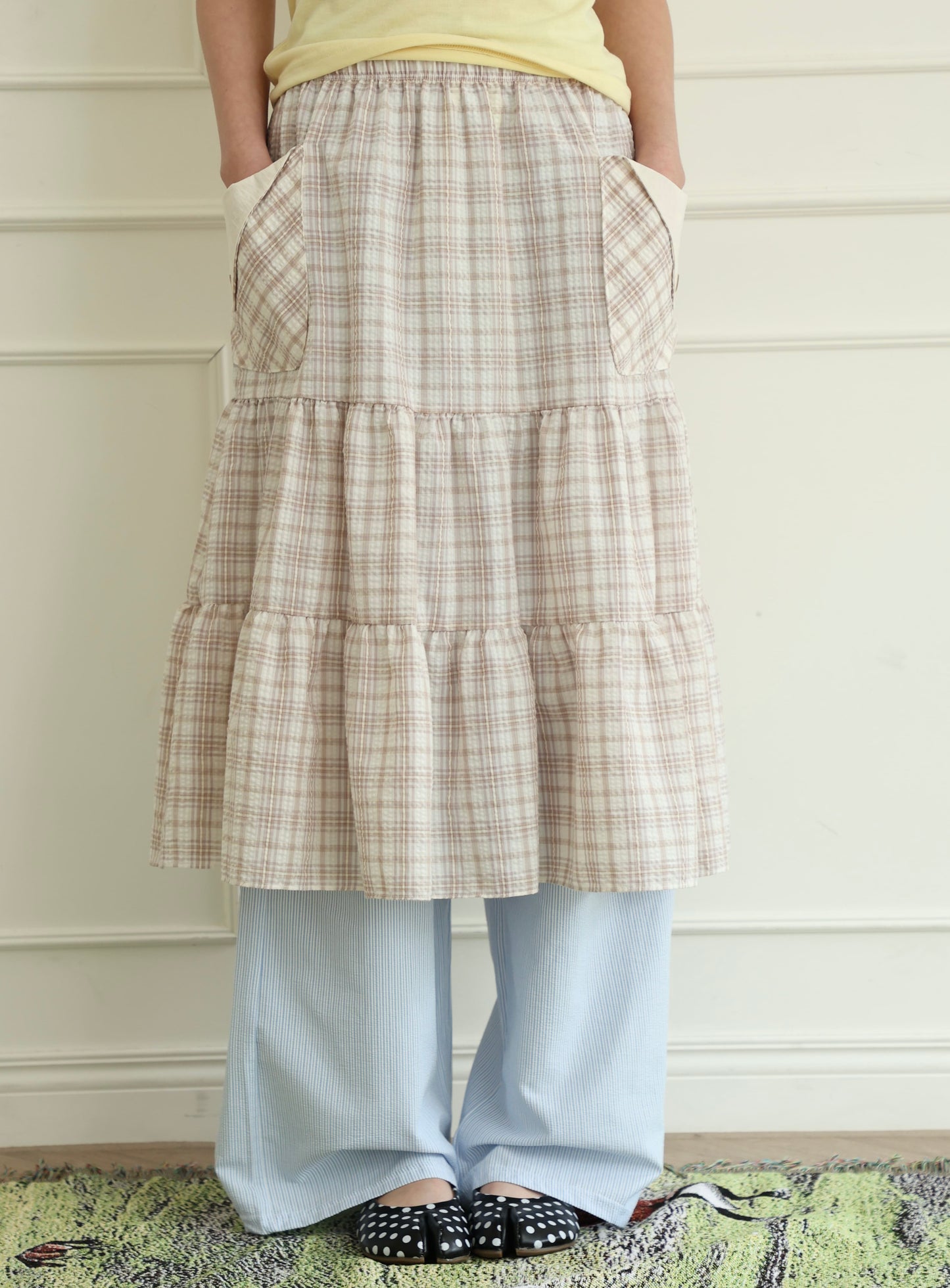 Pancake Check Button Midi Skirt