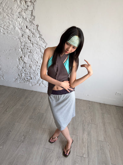 Lace color-blocked cotton skirt
