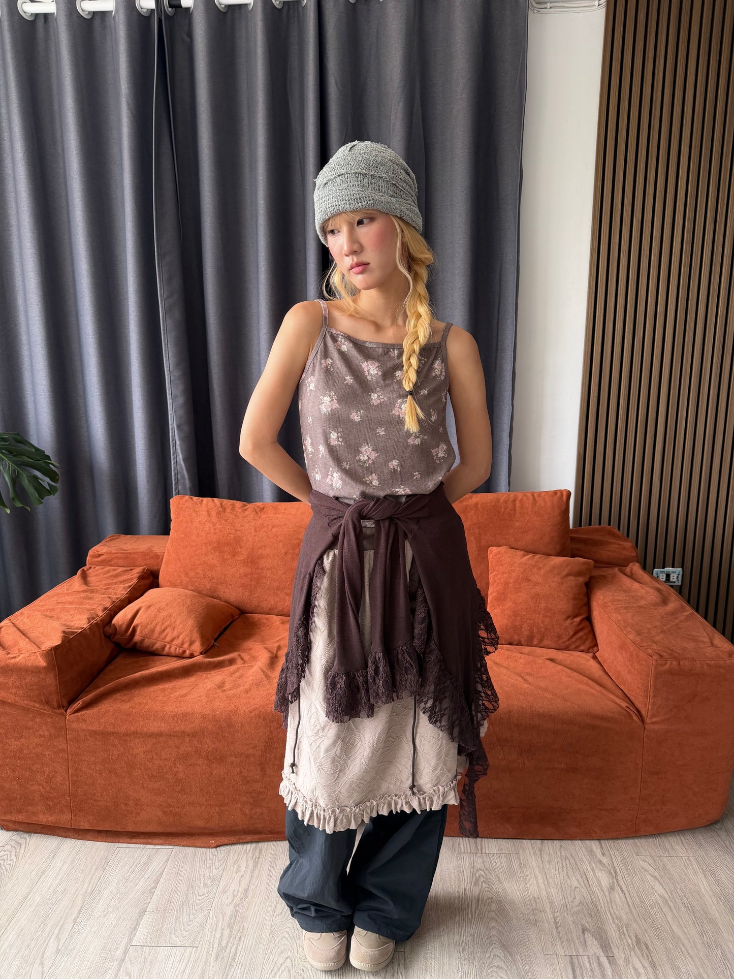 Embossed lace elastic cotton skirt