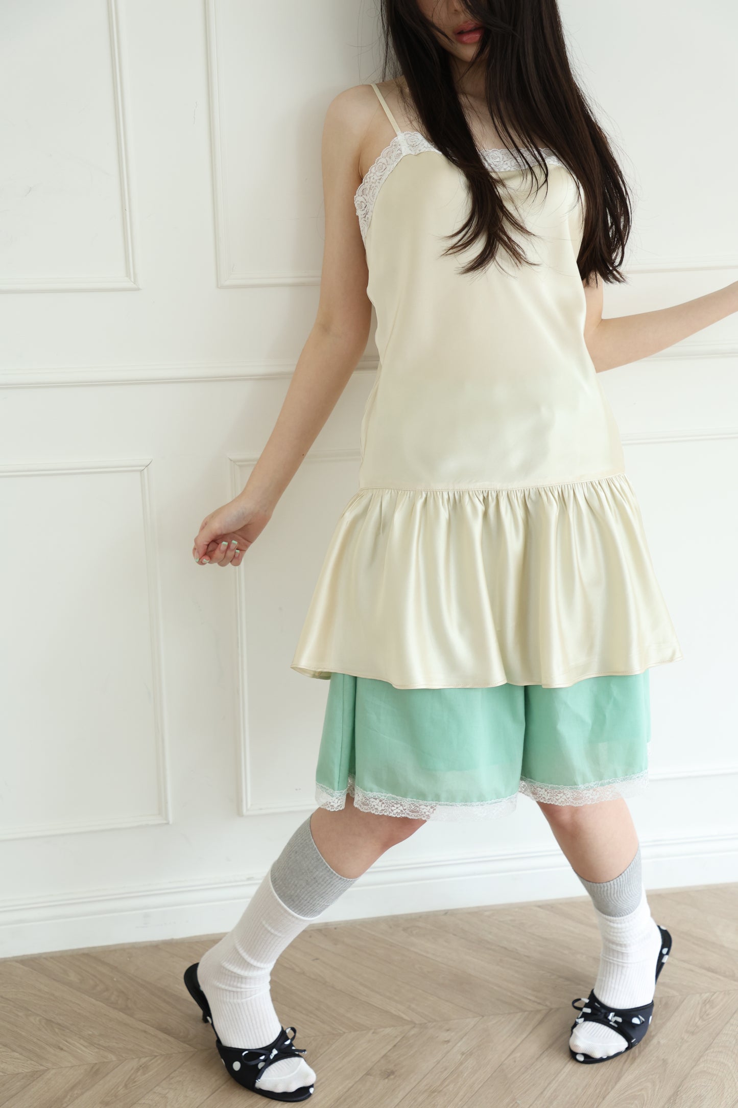 Thin-strap satin lace-trimmed camisole dress