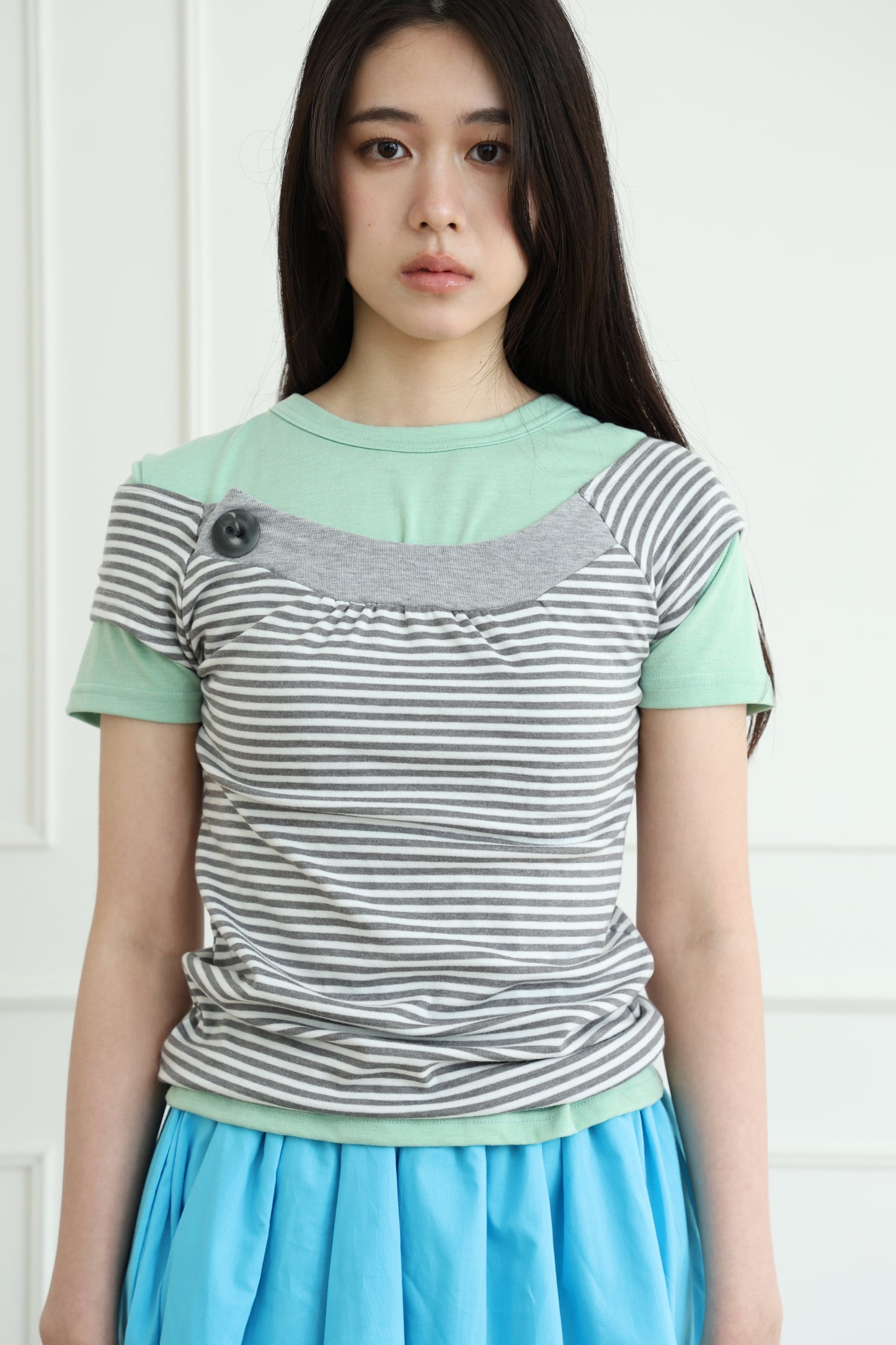 Button-up striped off-shoulder top