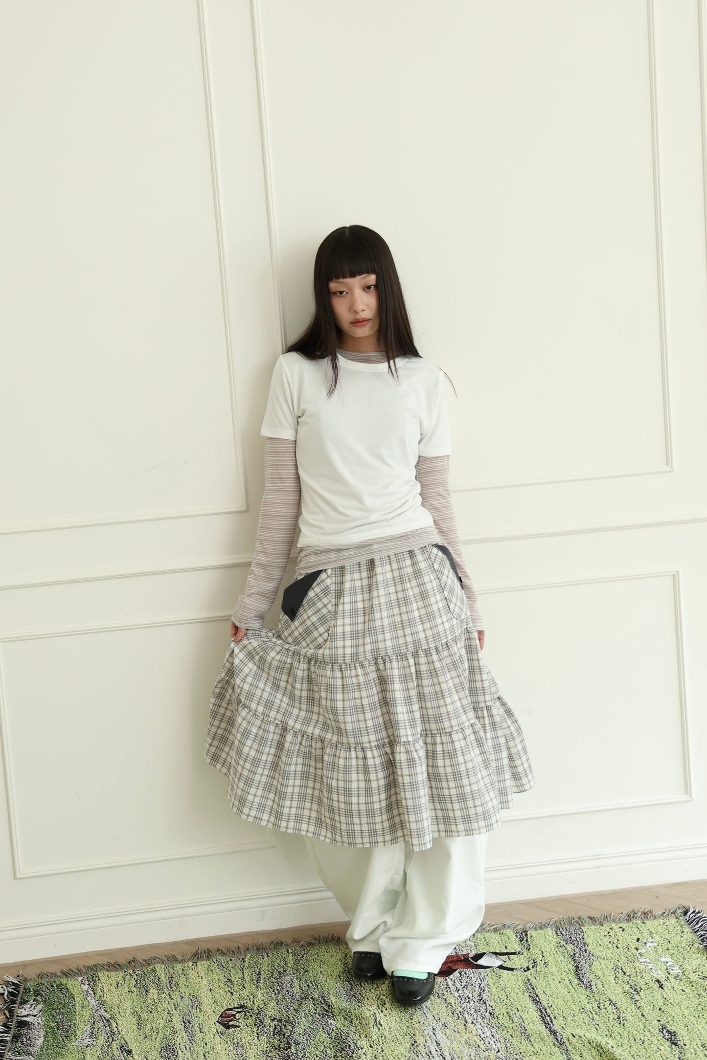 Pancake Check Button Midi Skirt