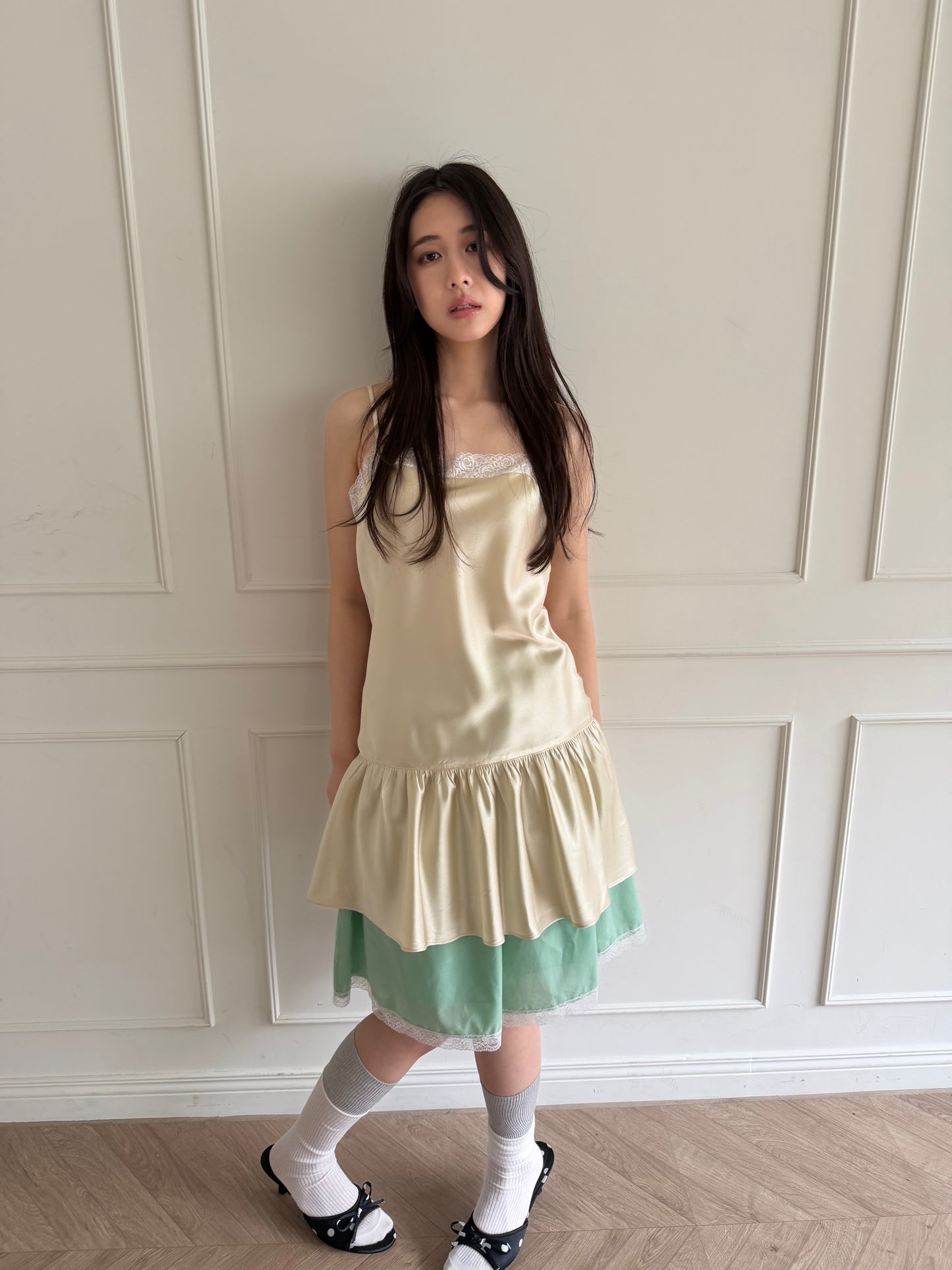 Thin-strap satin lace-trimmed camisole dress