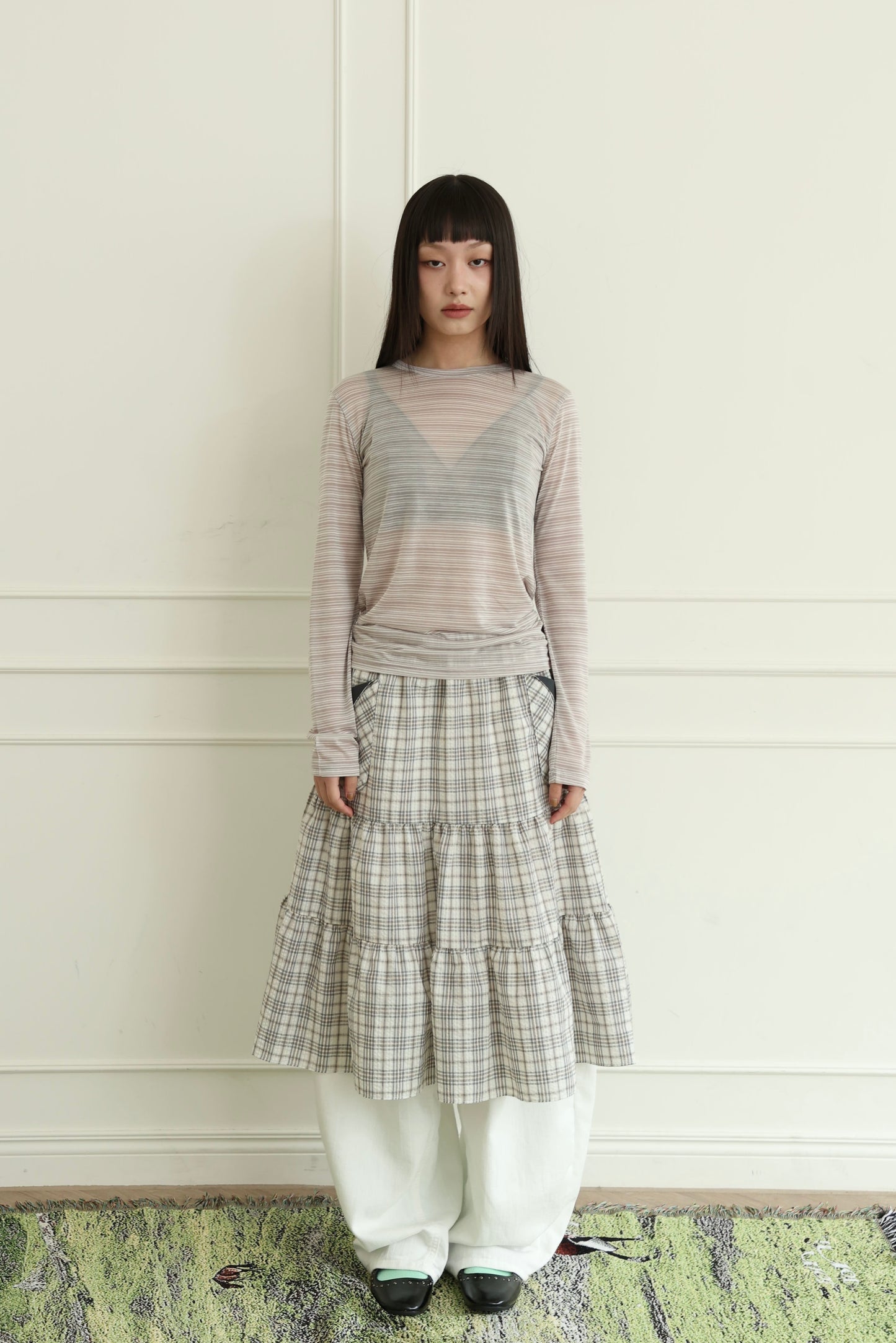 Sheer pinstriped long-sleeved top