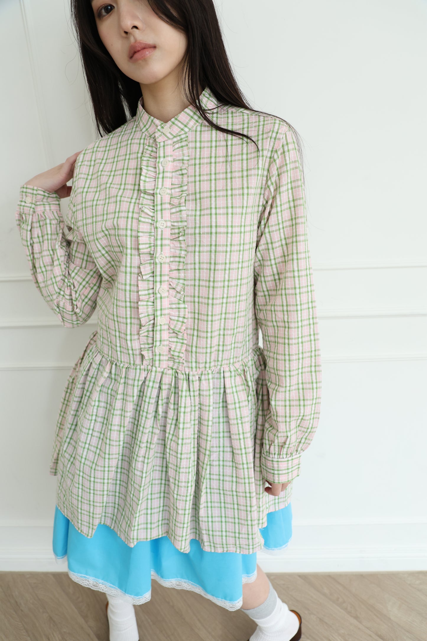 Plaid lace shirt dress