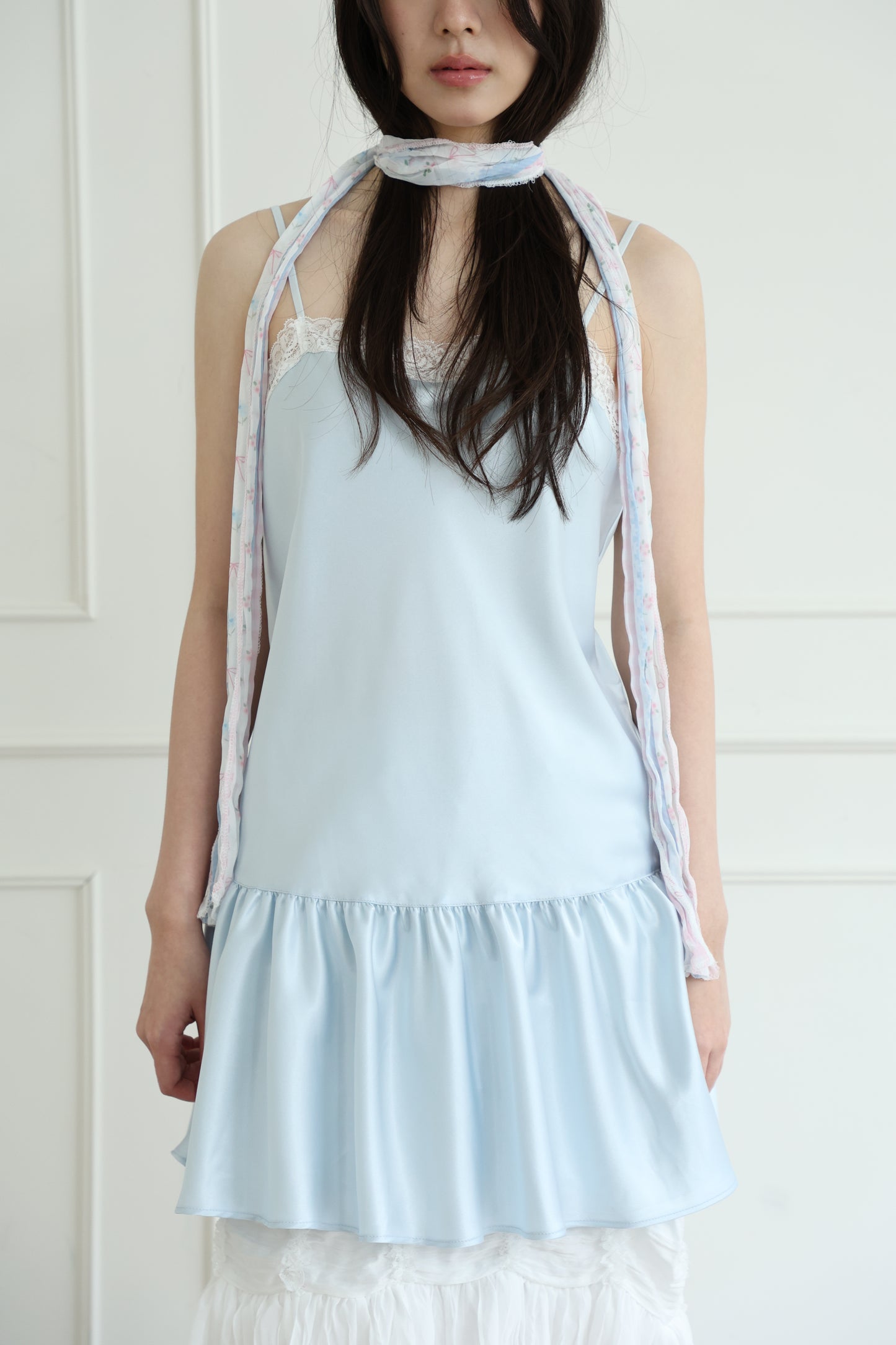 Thin-strap satin lace-trimmed camisole dress