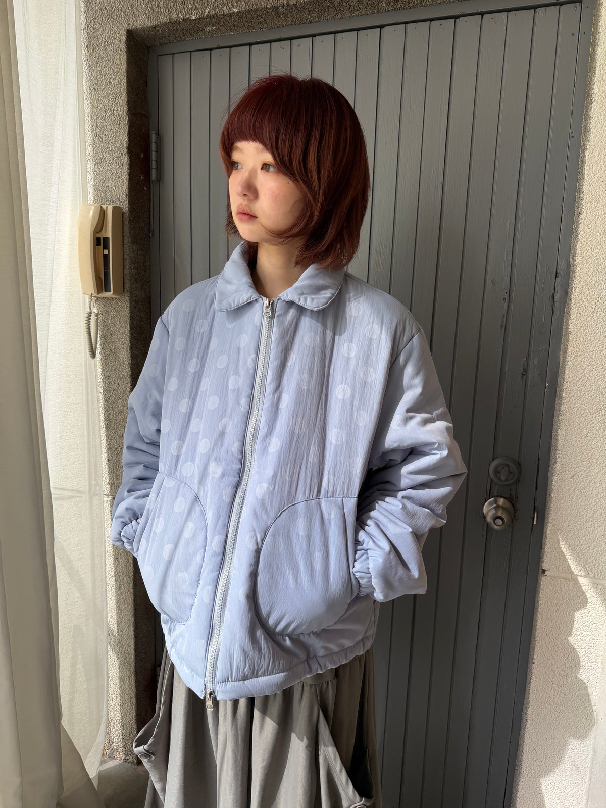 polka dot quilted coat