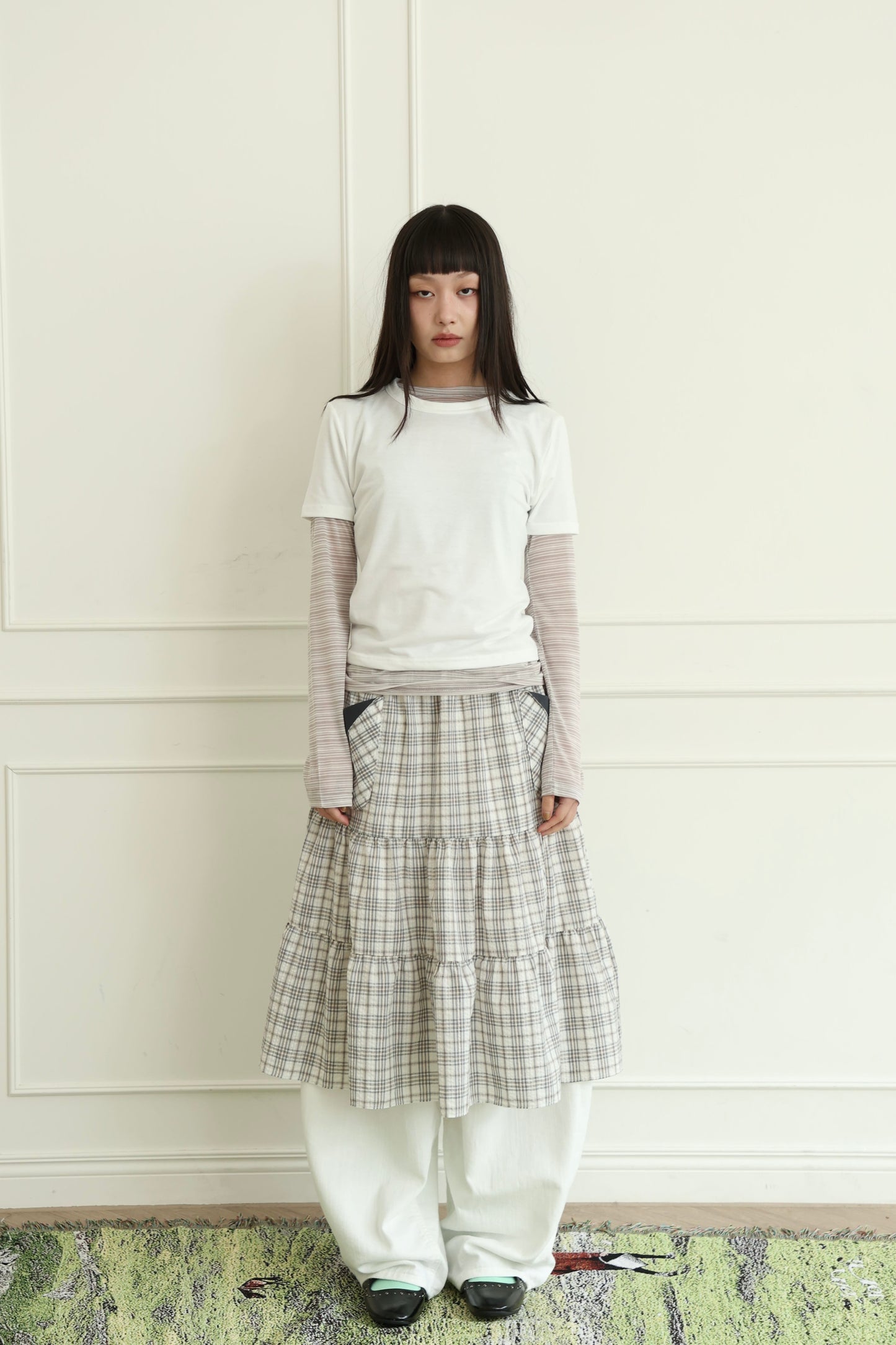 Pancake Check Button Midi Skirt