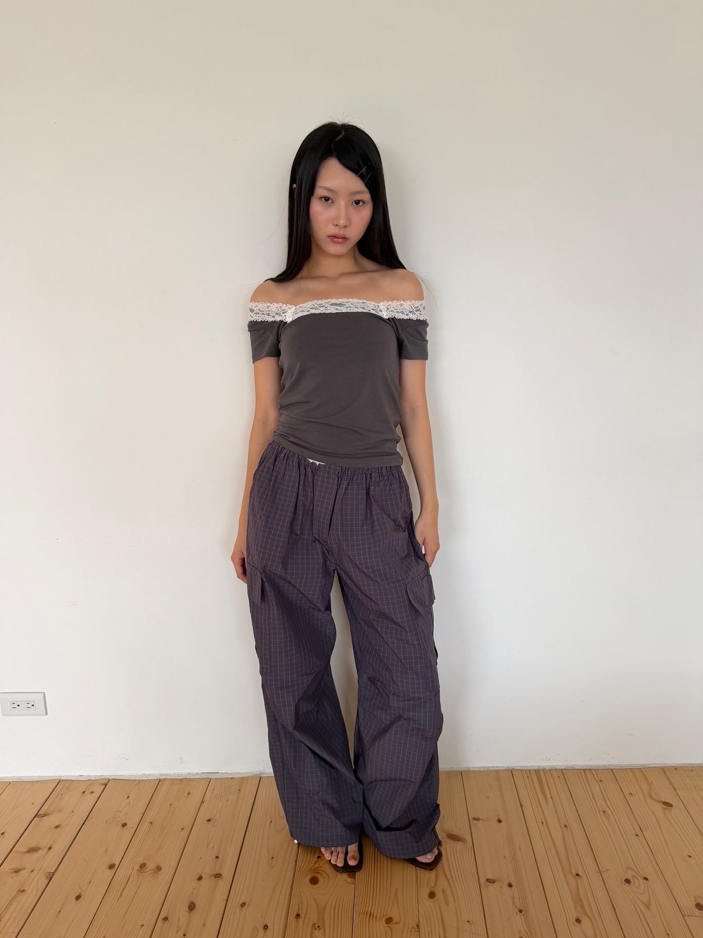 Layered Waist Grid Cargo Pants