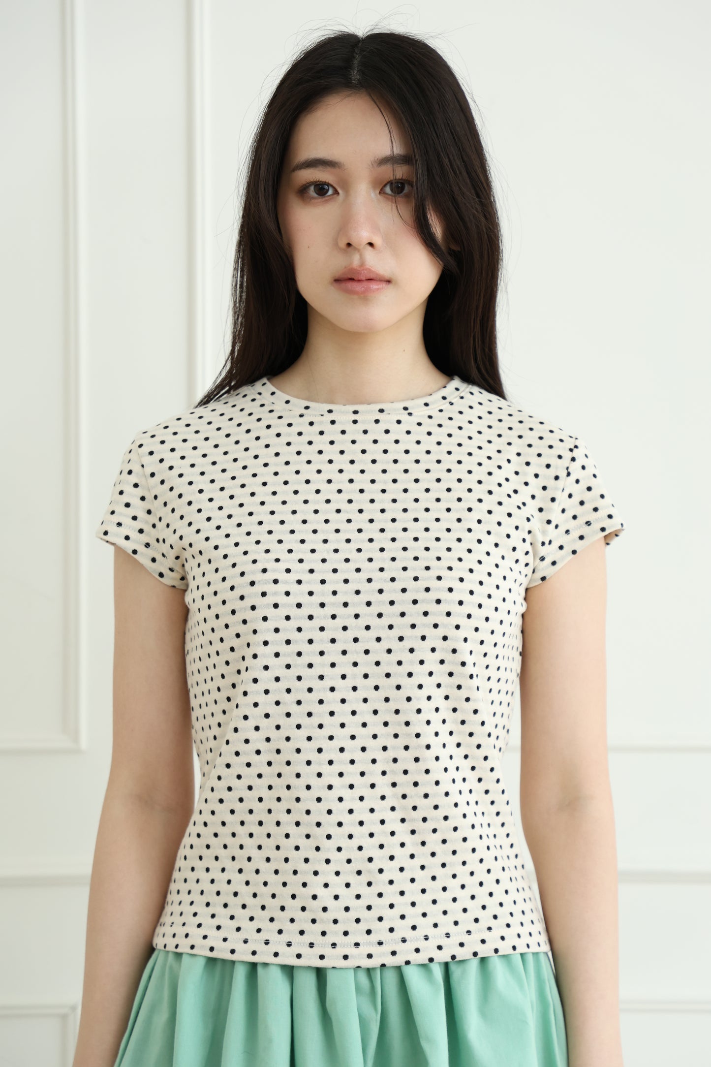 polka dot top with off-shoulder design