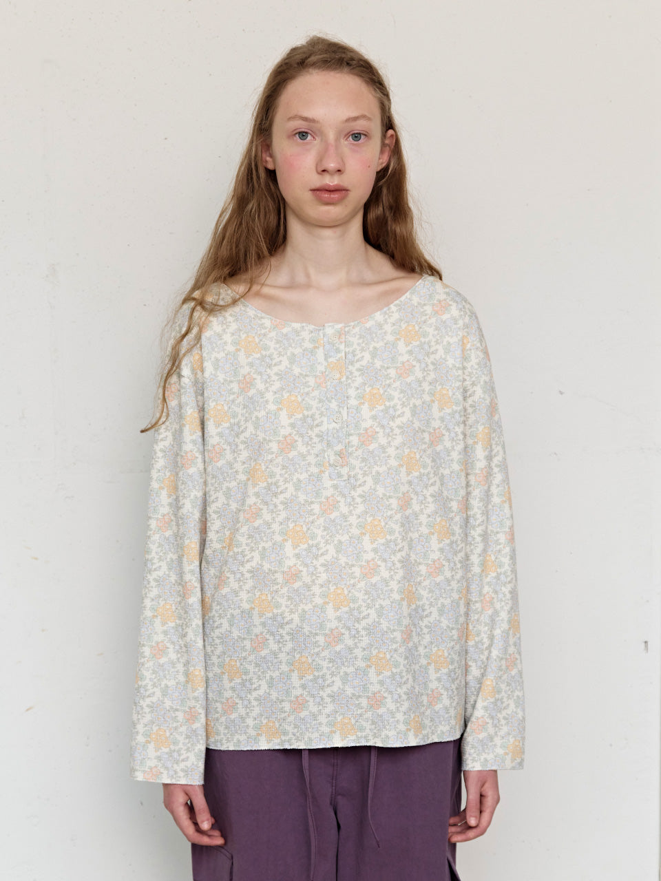 FUN FROM FUN Rustic Waffle Henley Top, Dusty Blue