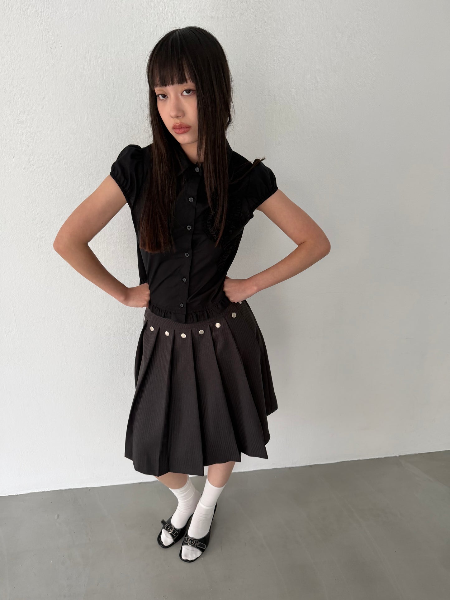 Lace-trimmed flutter sleeve shirt