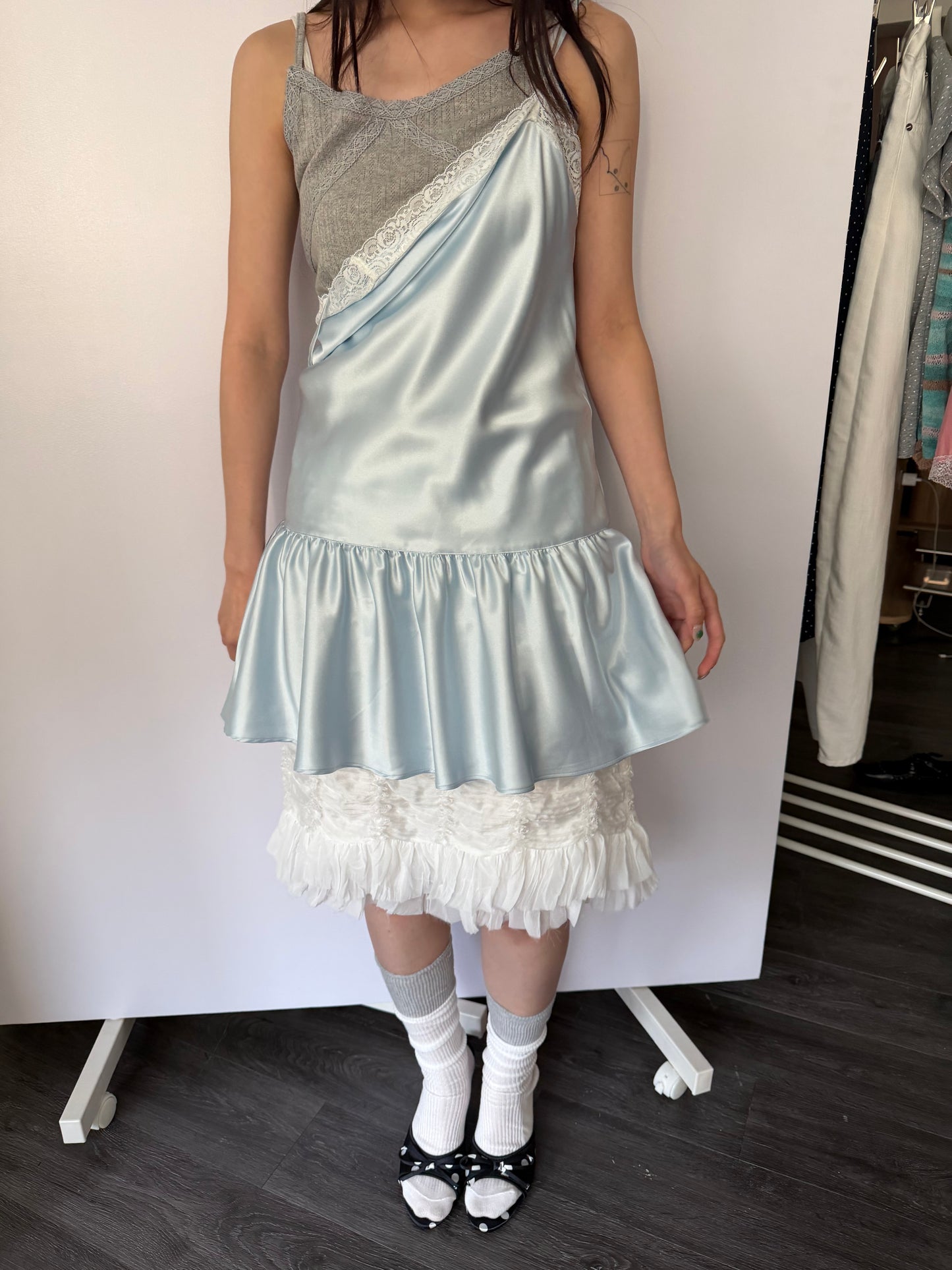 Thin-strap satin lace-trimmed camisole dress
