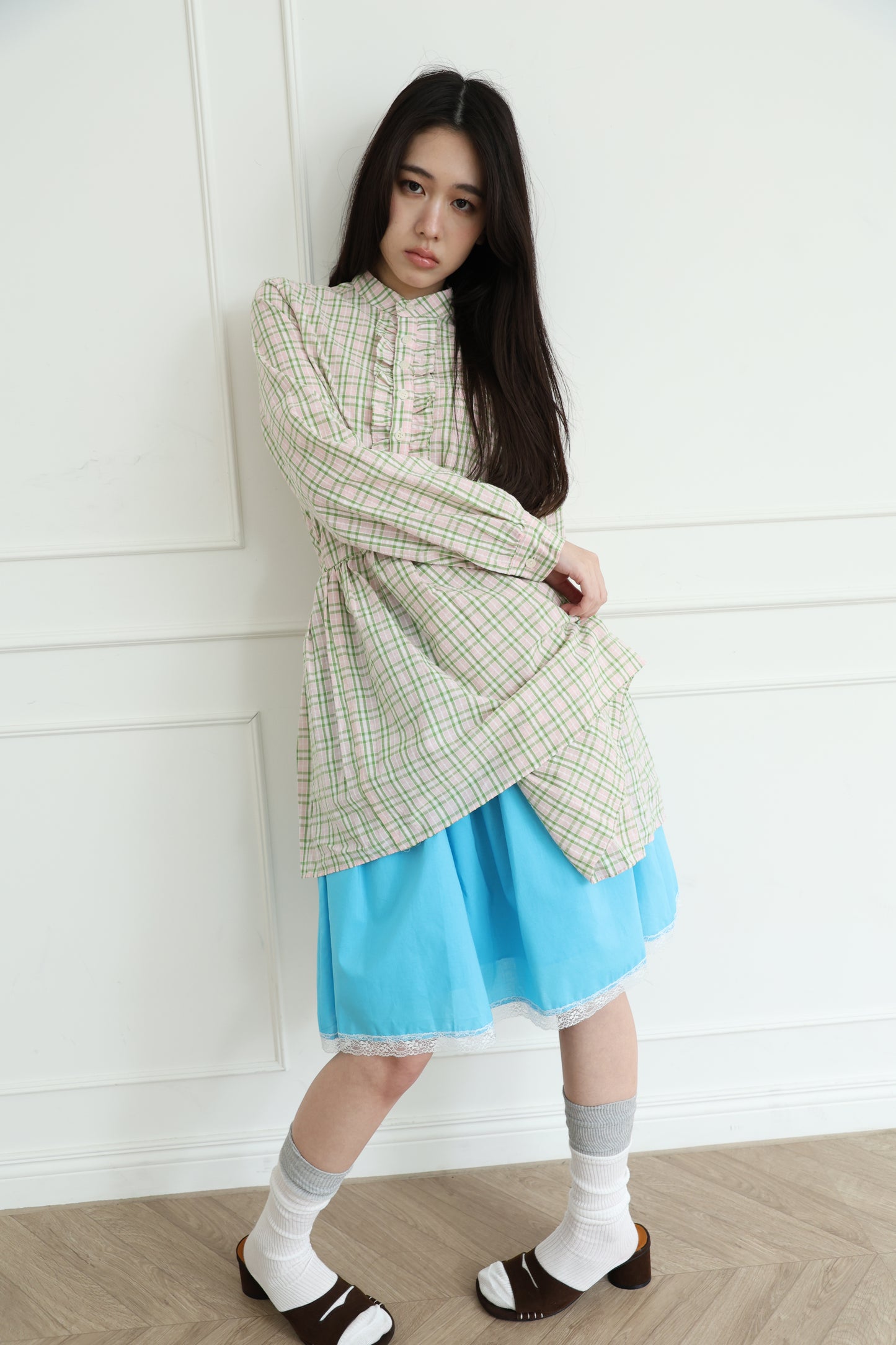 Plaid lace shirt dress