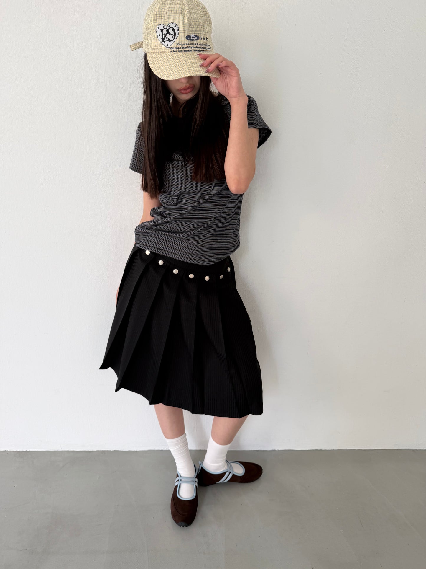 Studded striped suit pleated skirt