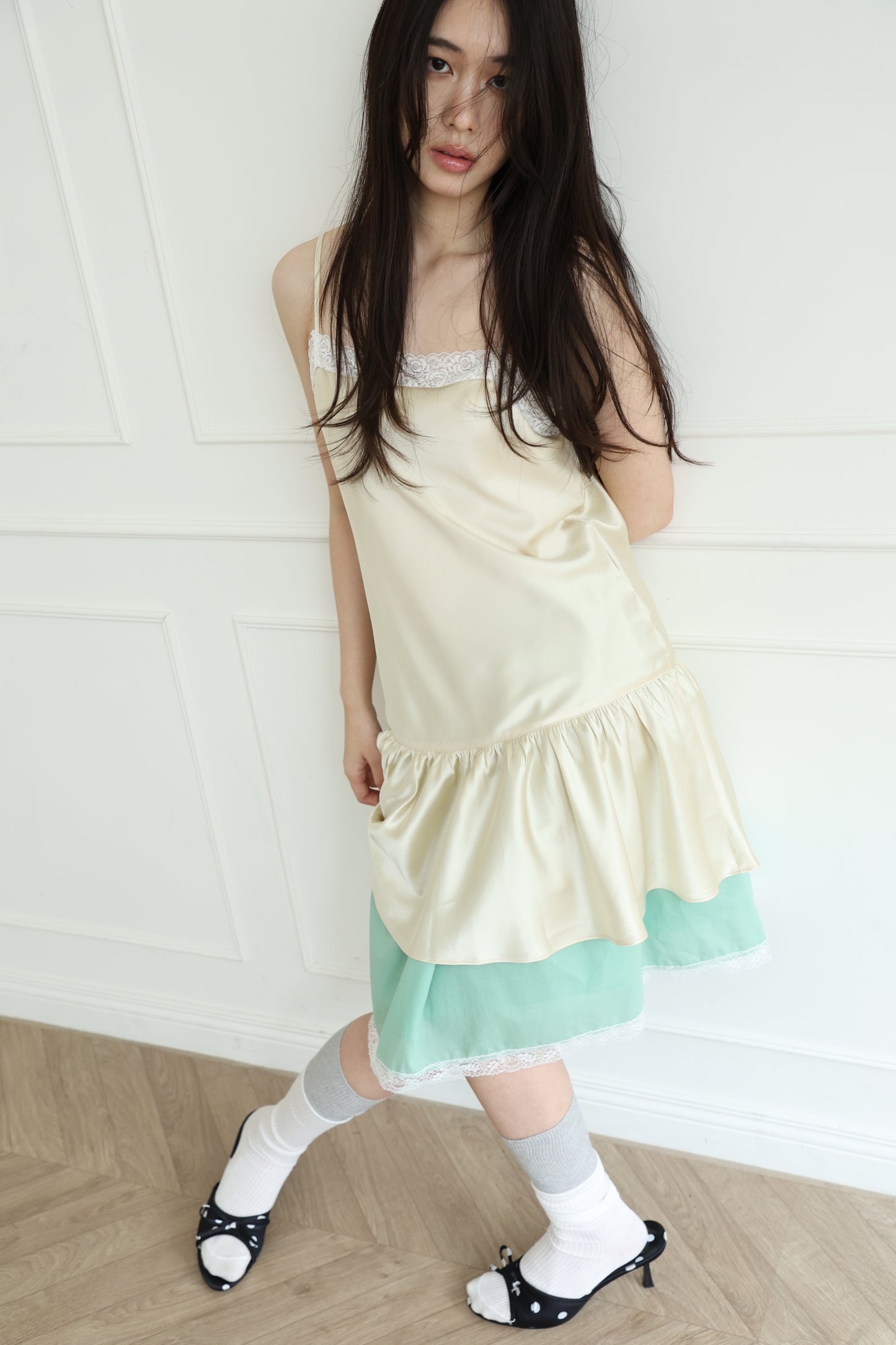 Thin-strap satin lace-trimmed camisole dress