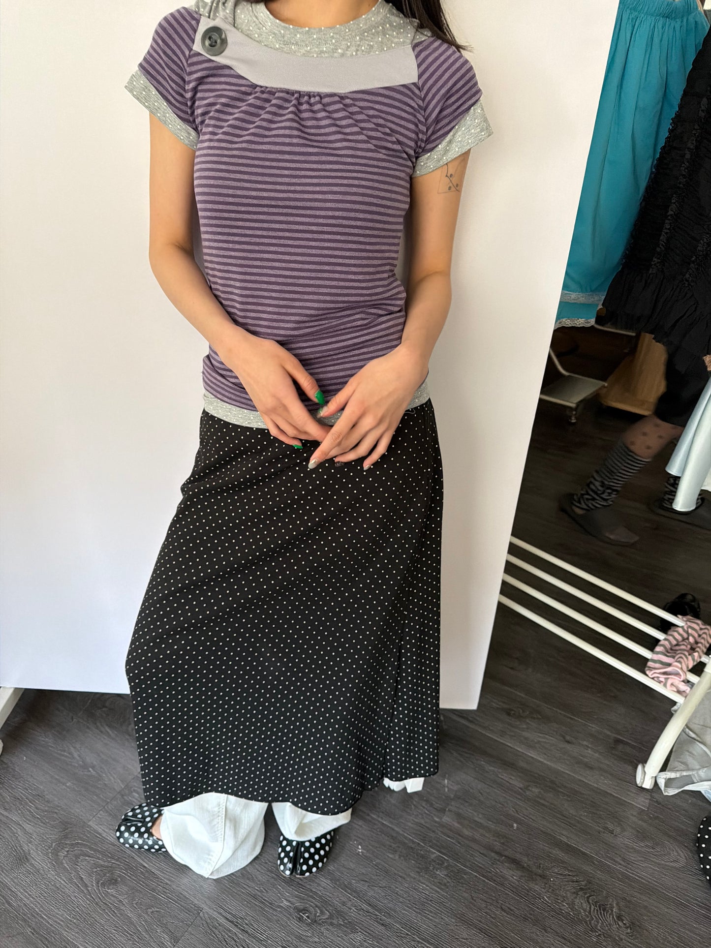 Button-up striped off-shoulder top