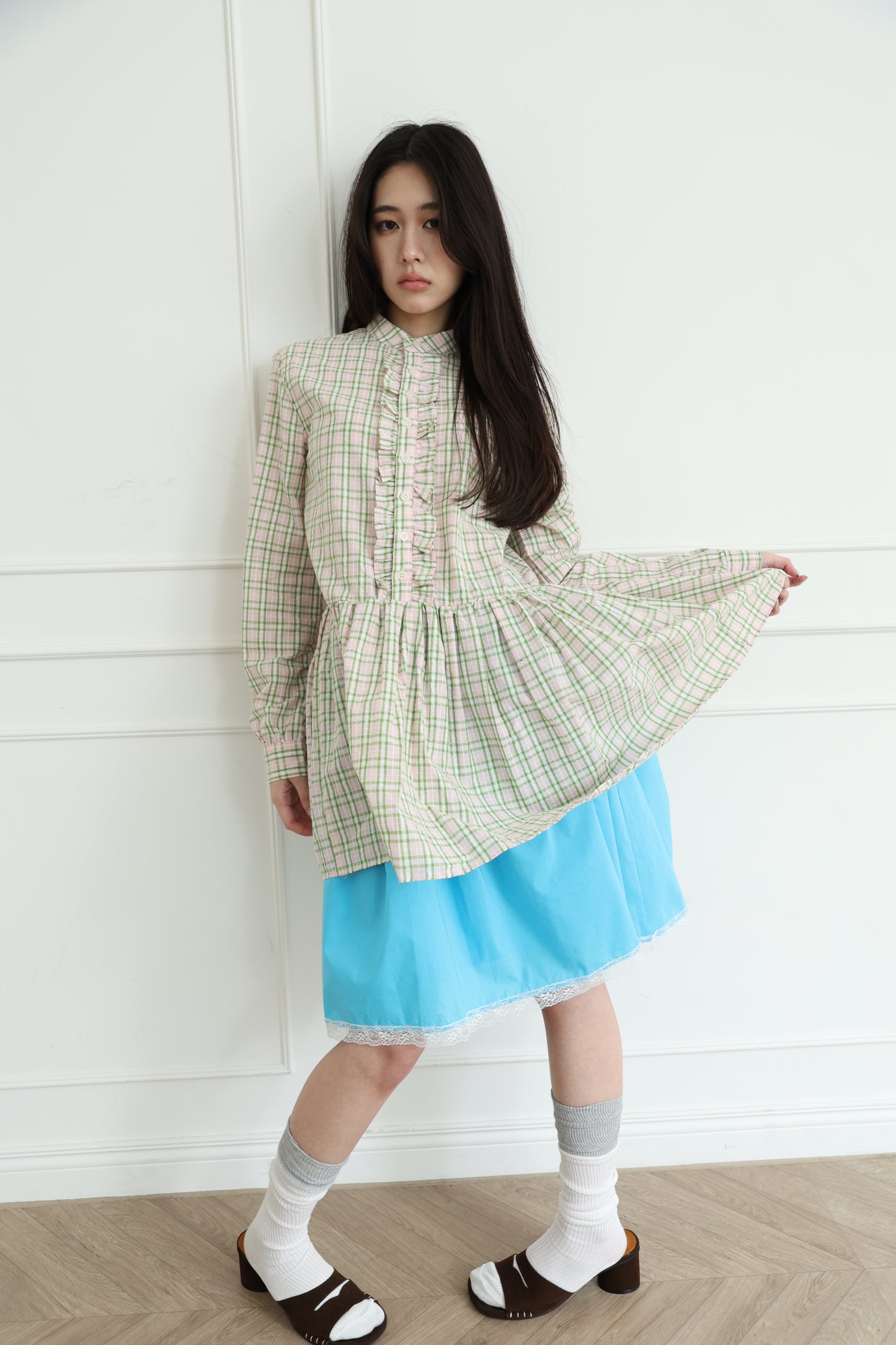 Plaid lace shirt dress