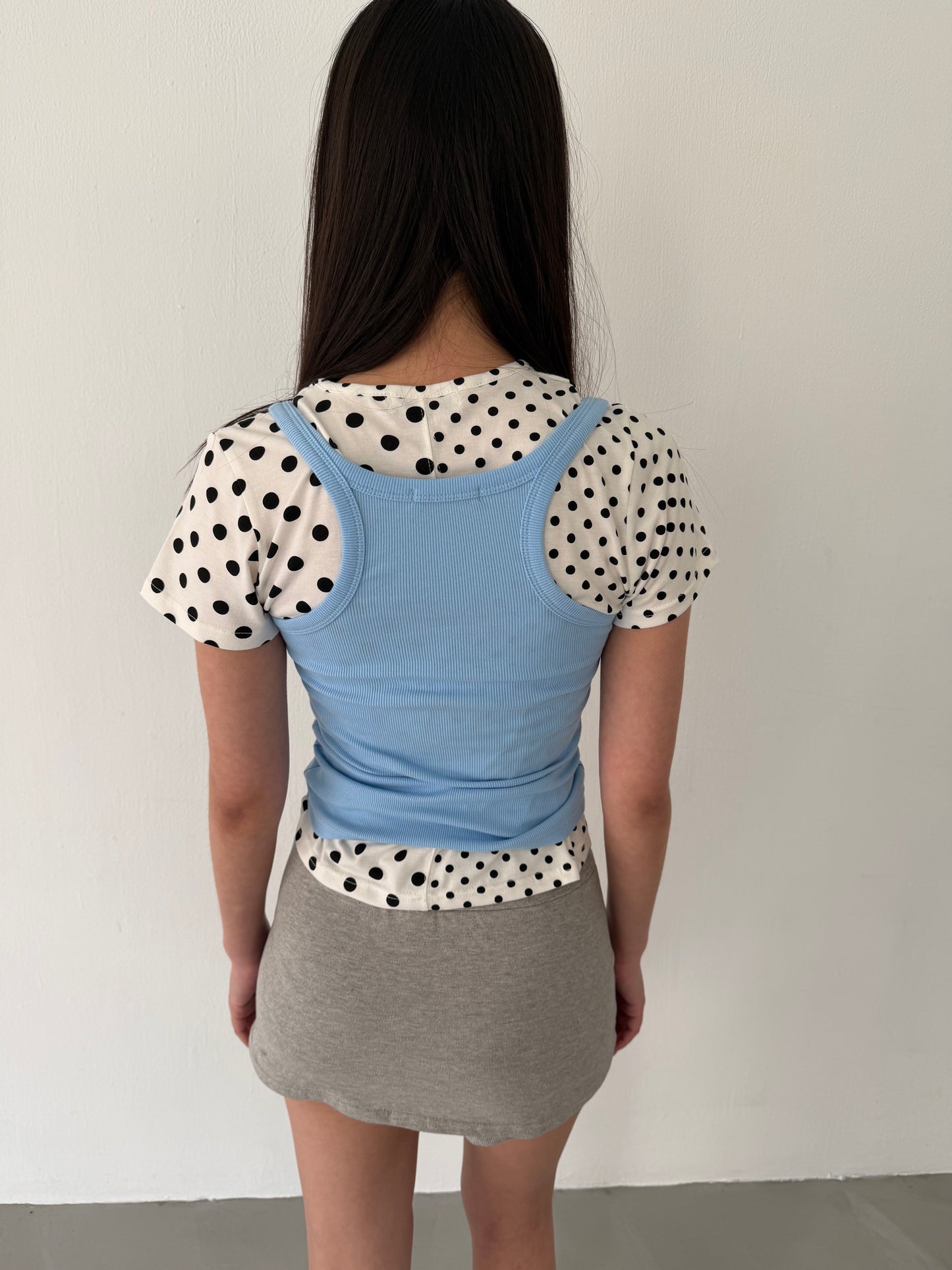 polka dot patchwork short-sleeved top