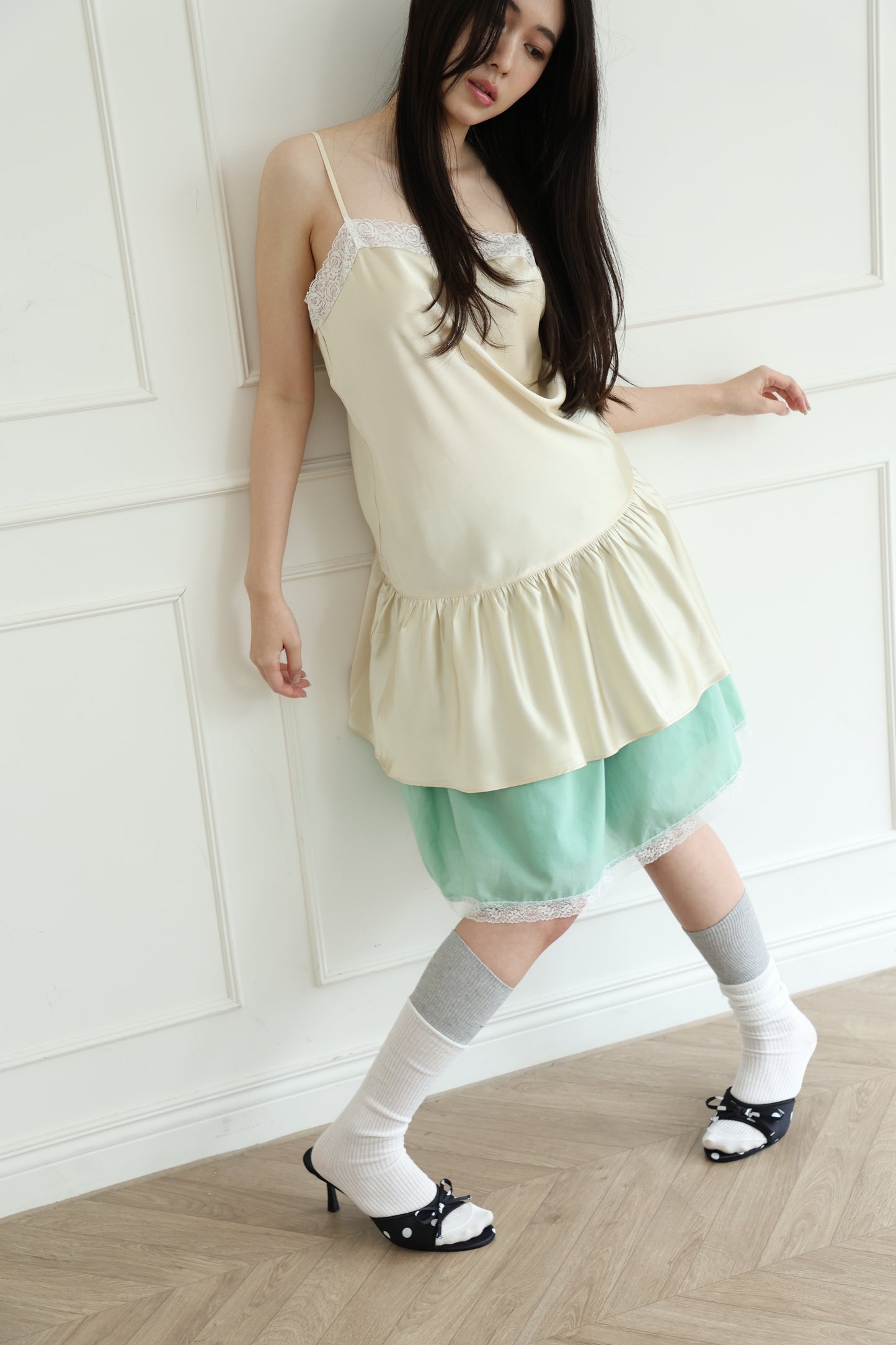 Thin-strap satin lace-trimmed camisole dress