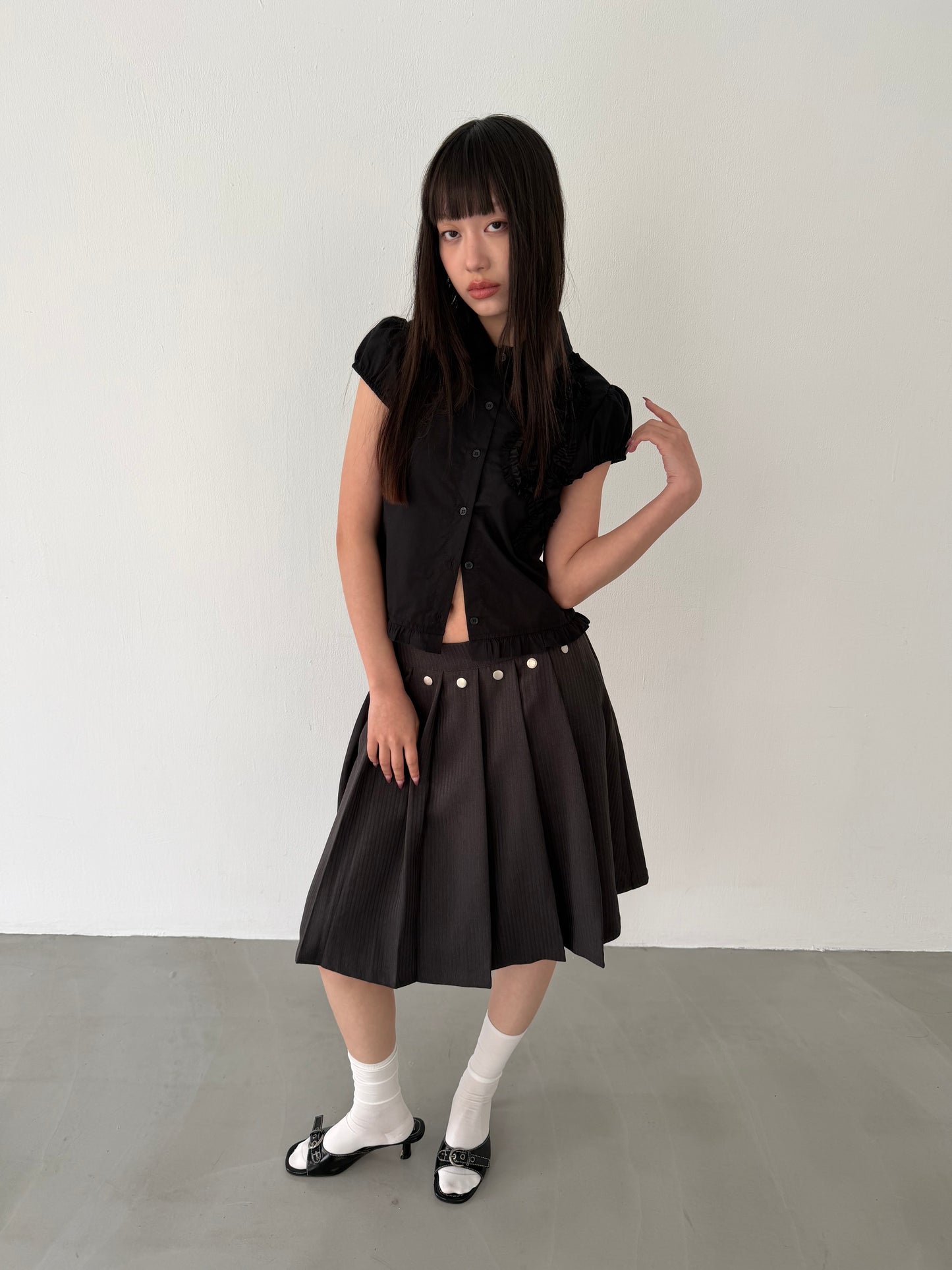 Lace-trimmed flutter sleeve shirt