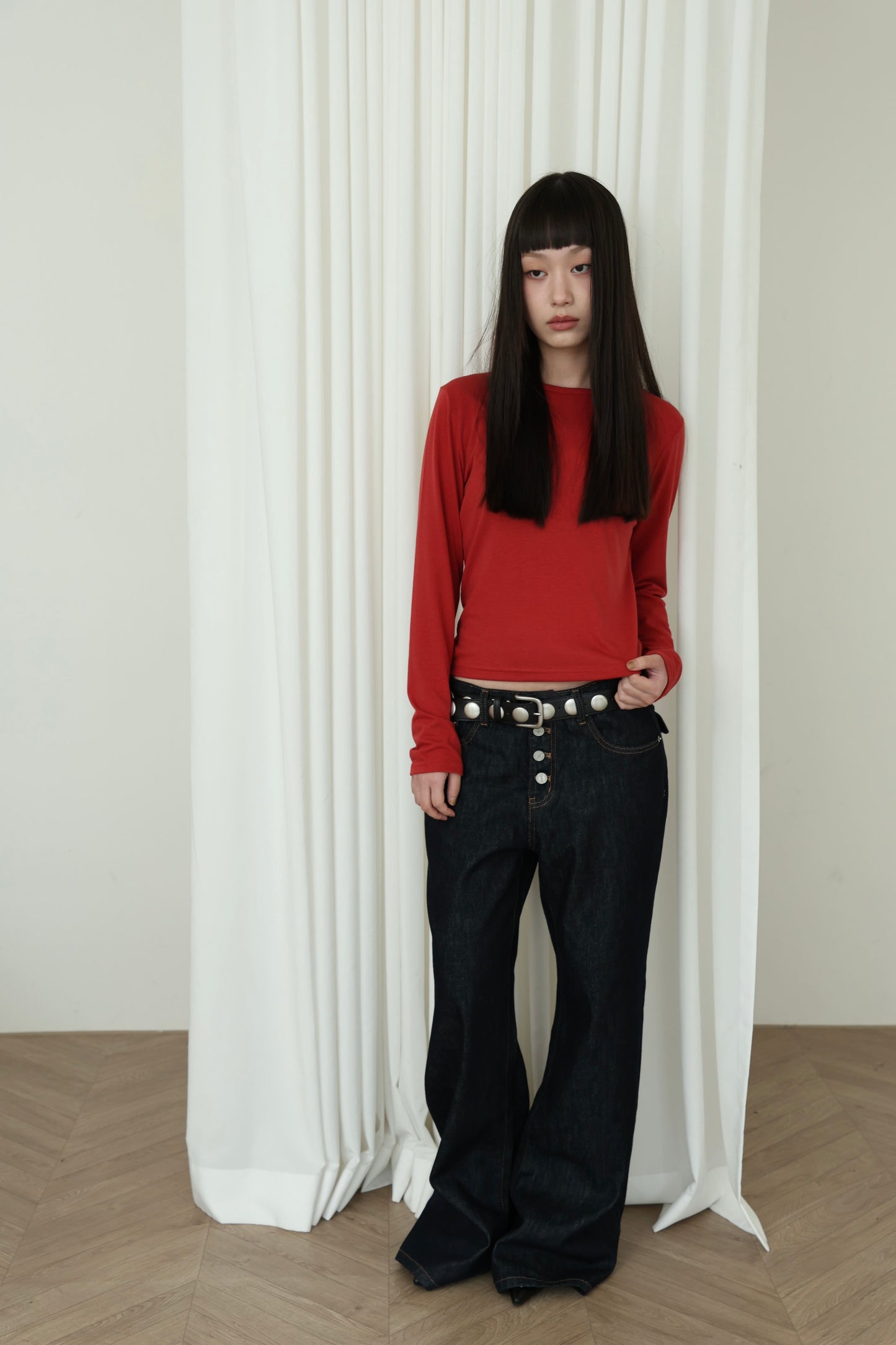 Button-up low-rise flared jeans