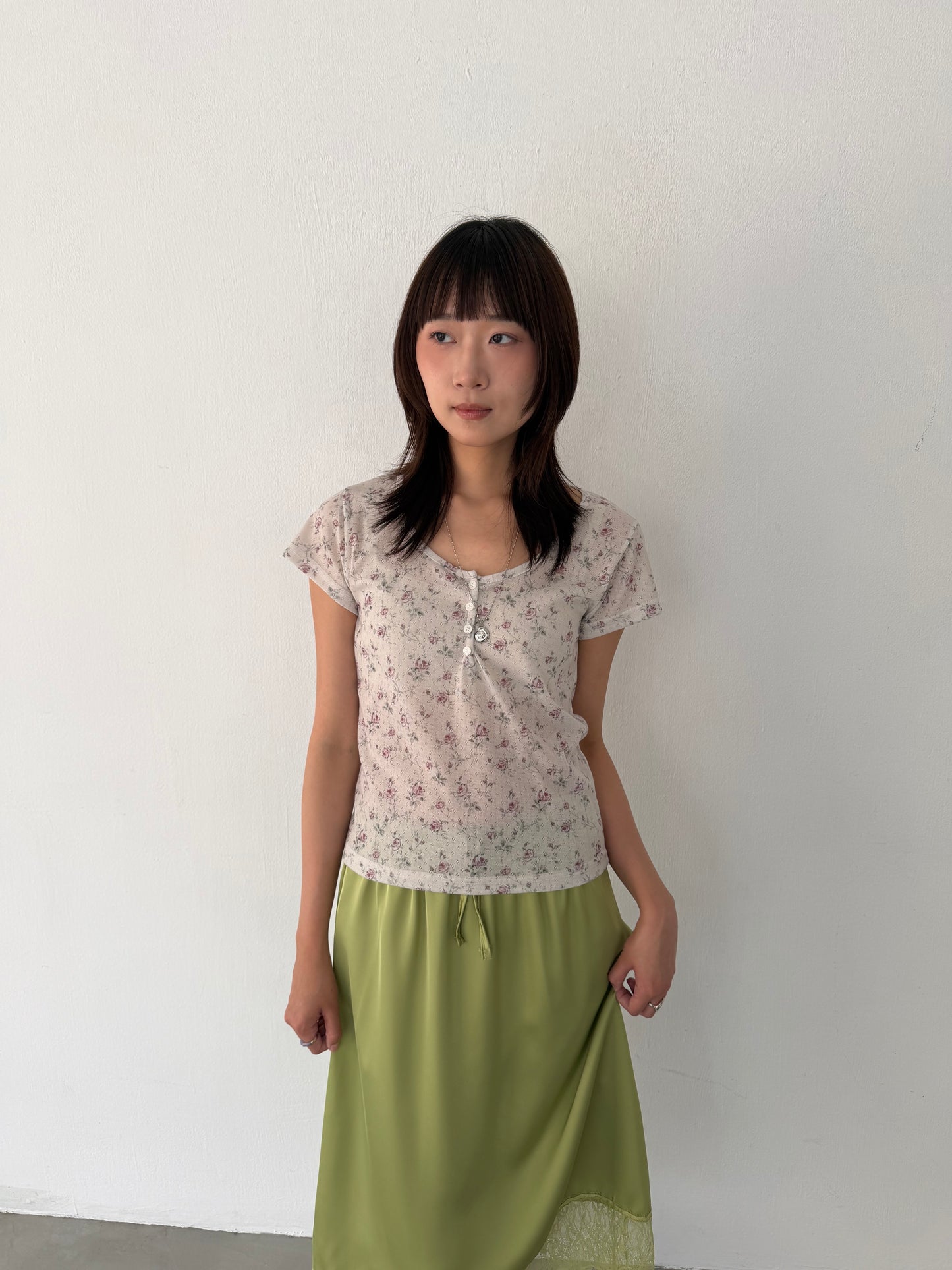 Floral Button Elastic Short-Sleeve