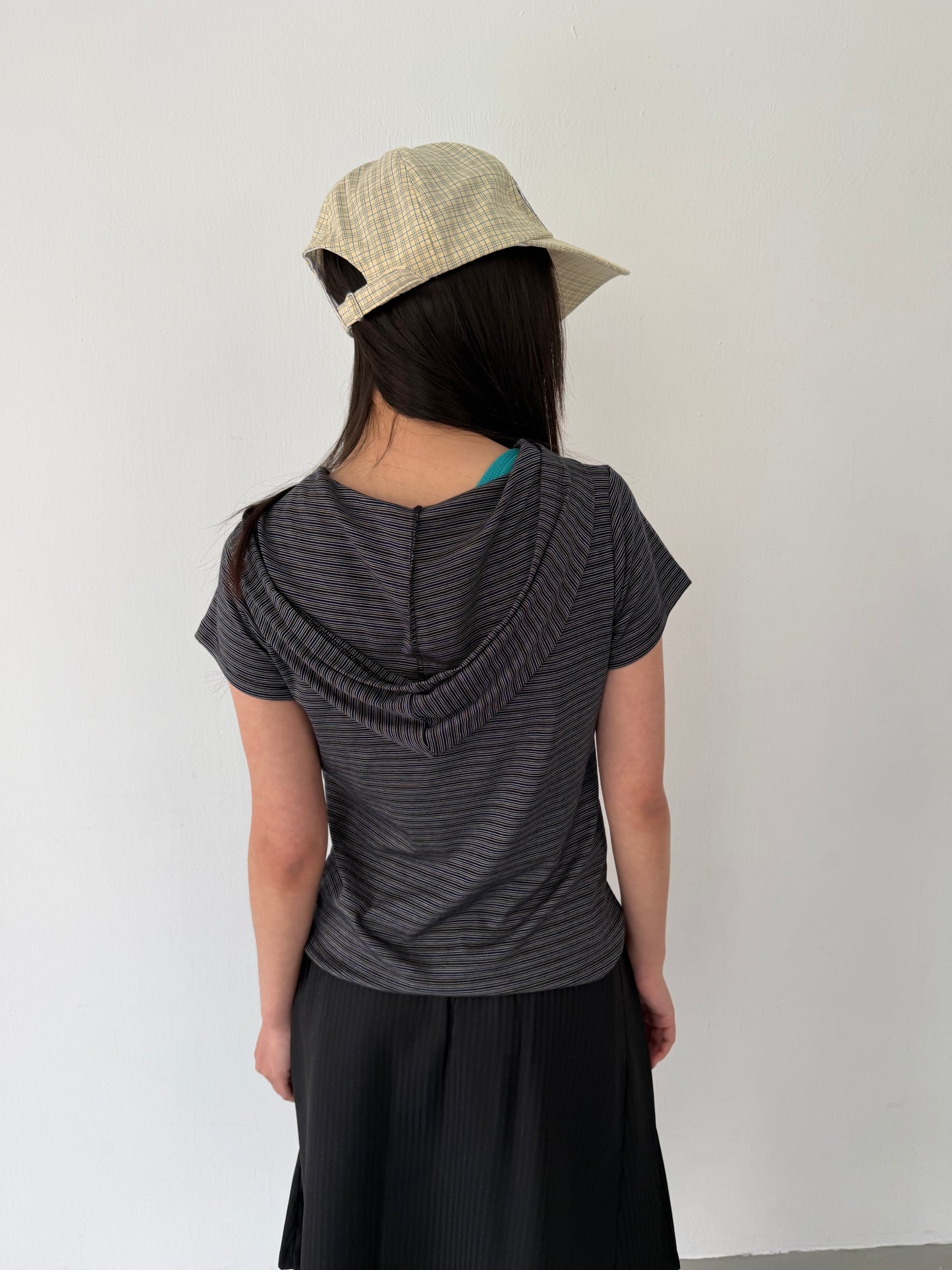 Striped button-down hooded short-sleeved top