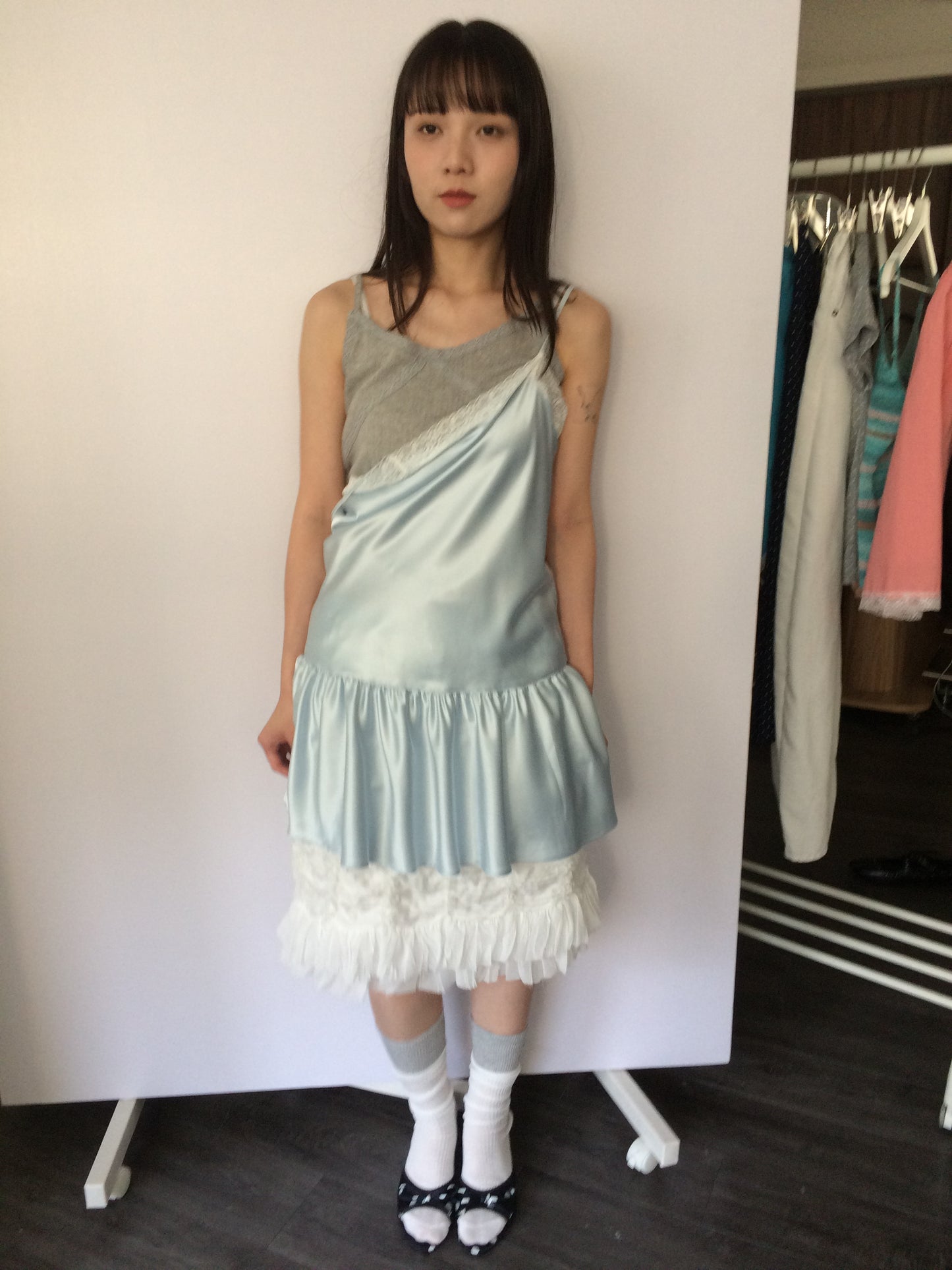 Thin-strap satin lace-trimmed camisole dress