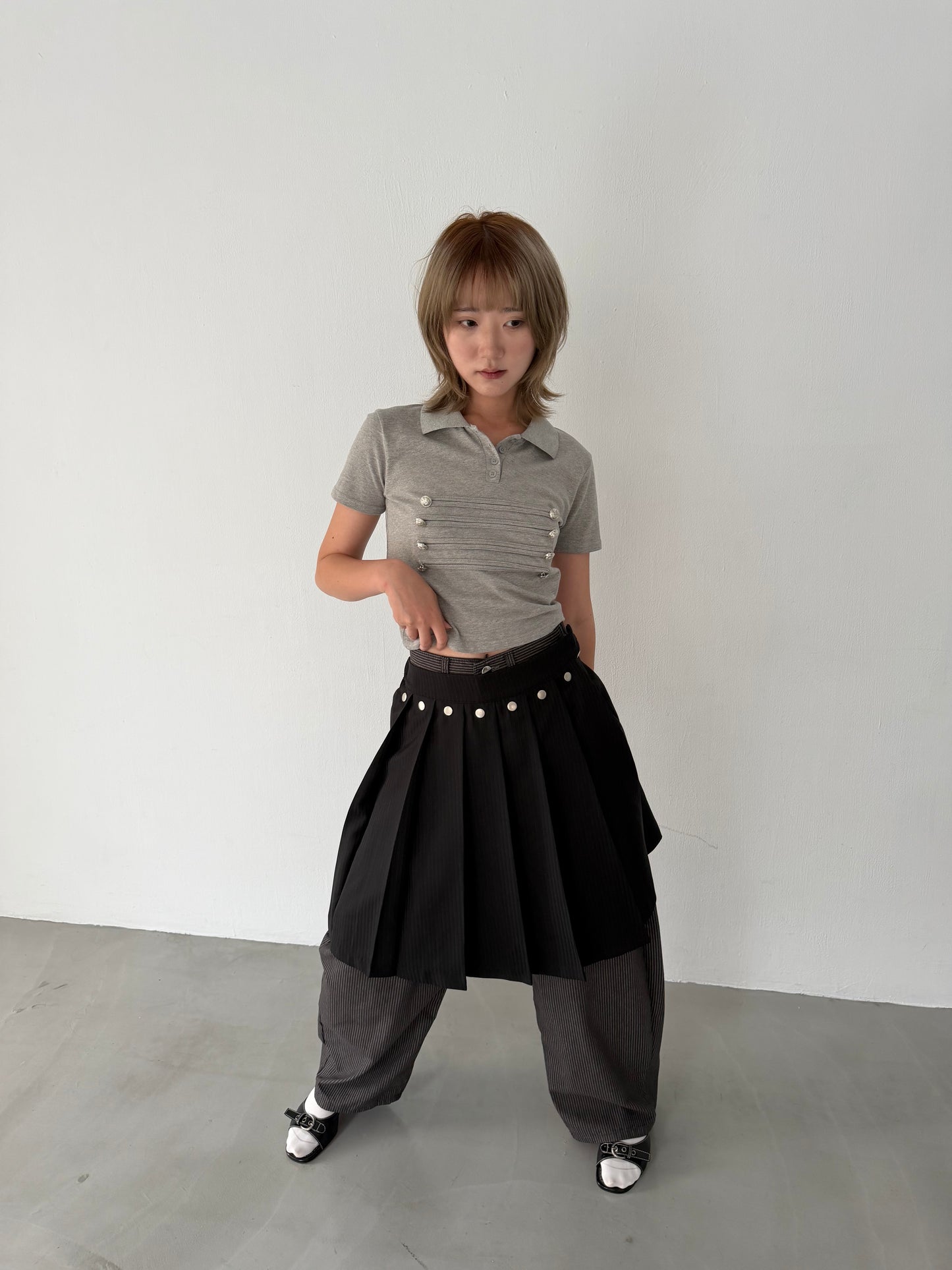 Studded striped suit pleated skirt