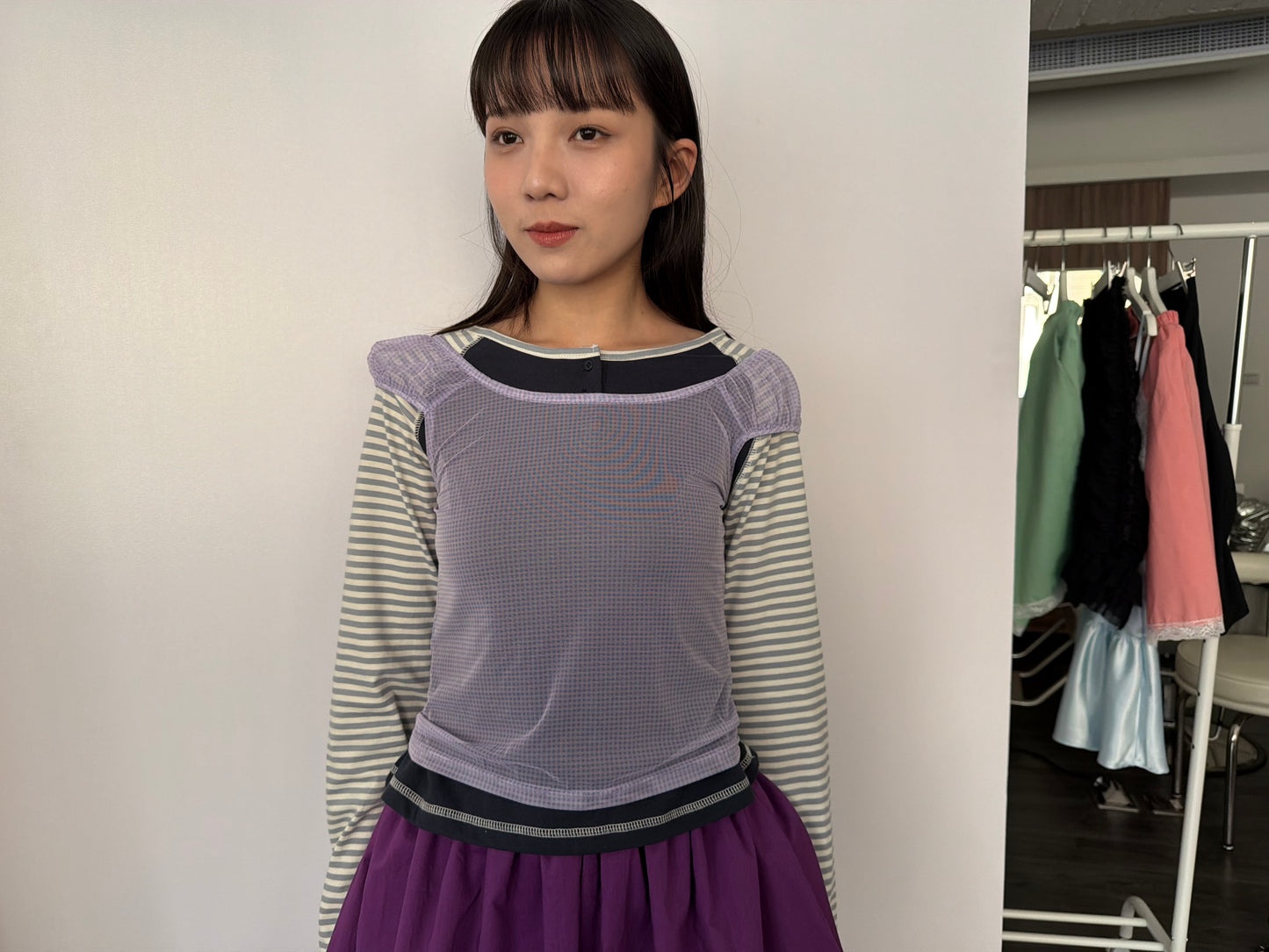 シアーチェック スクエアネックトップス