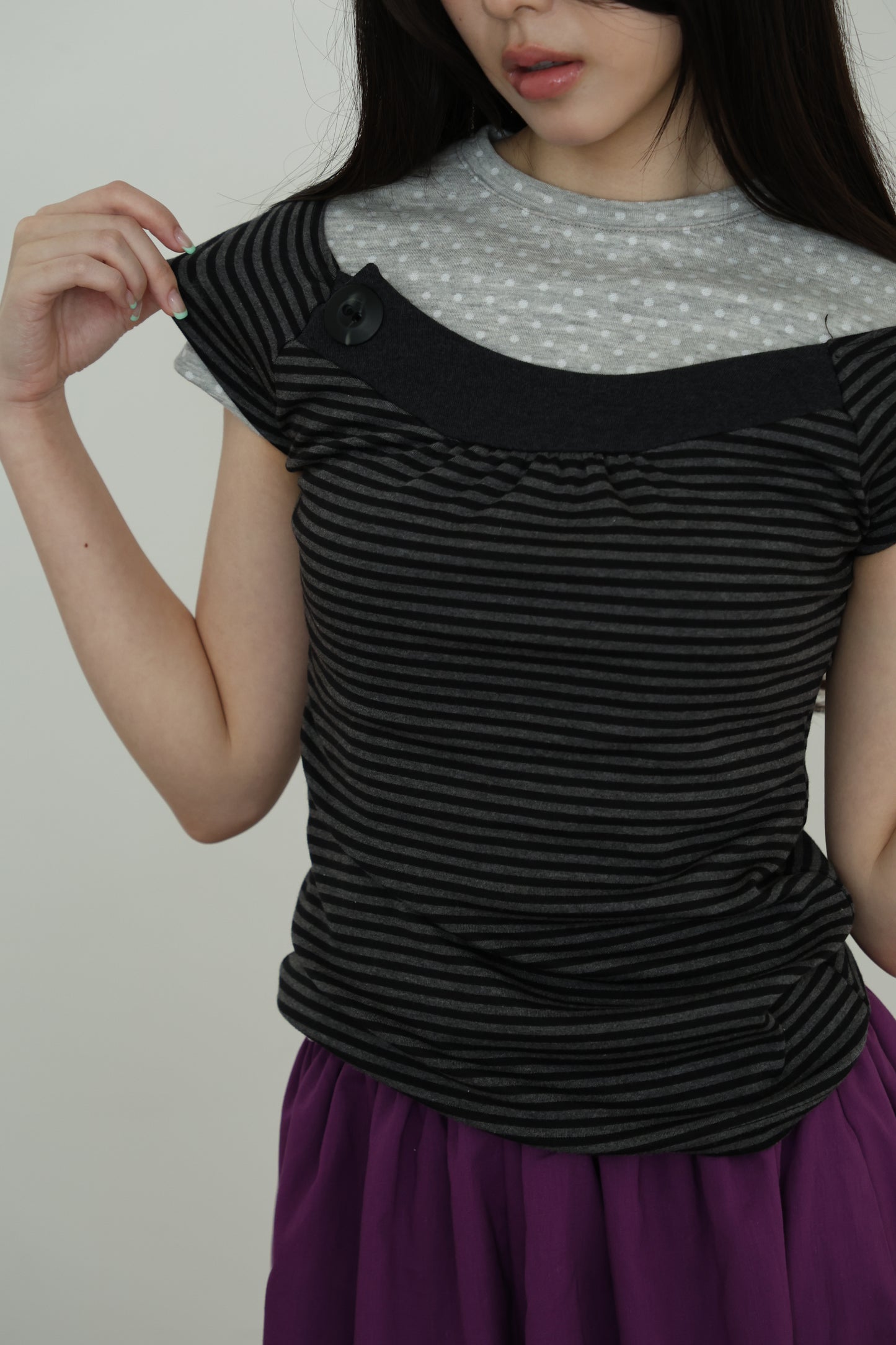 Button-up striped off-shoulder top