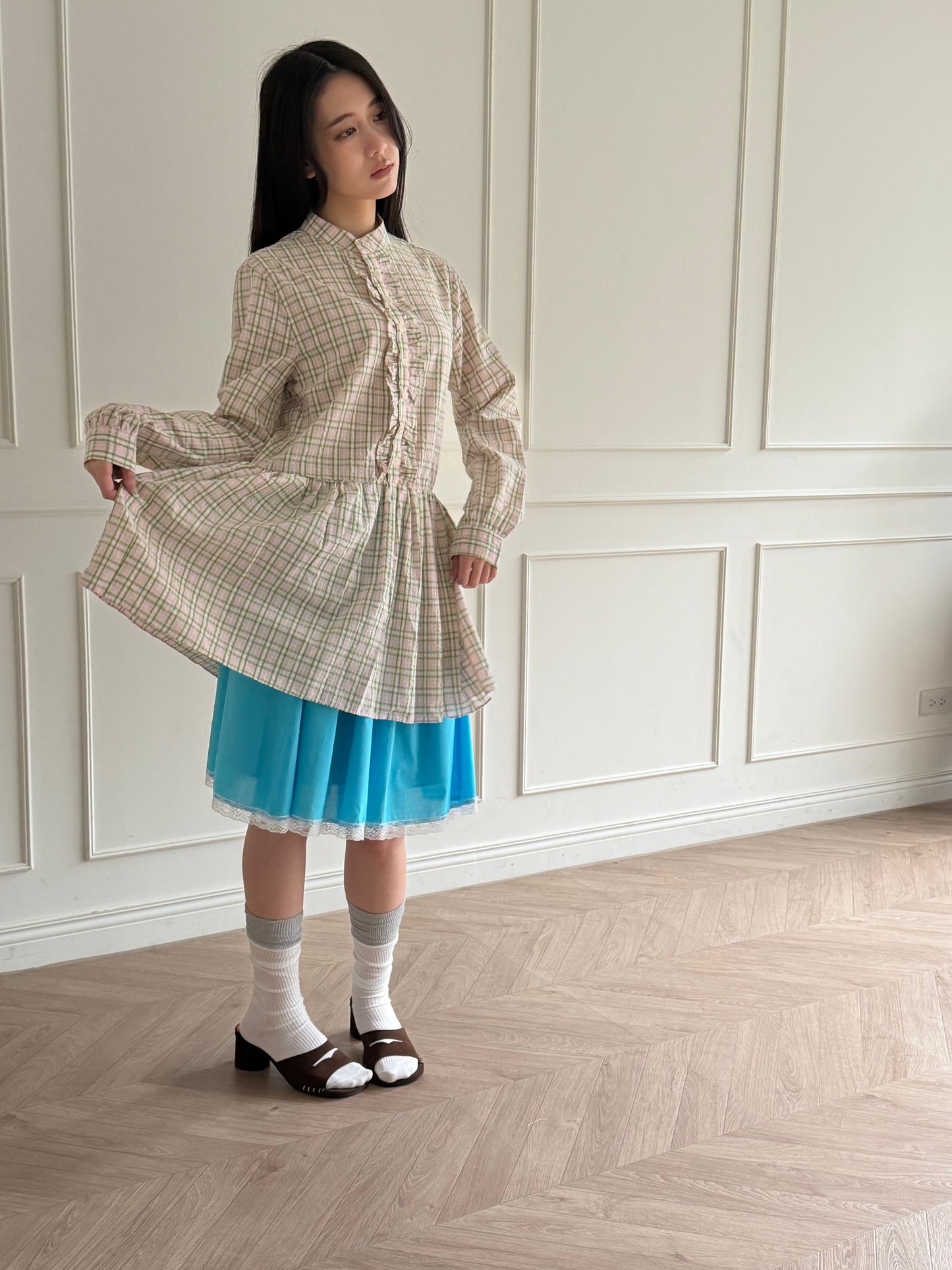 Plaid lace shirt dress
