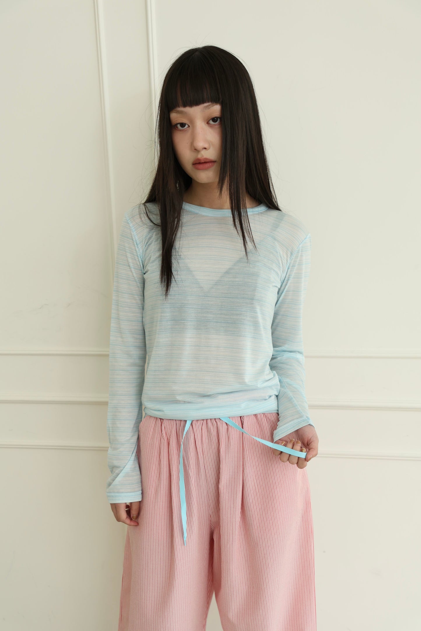 Sheer pinstriped long-sleeved top