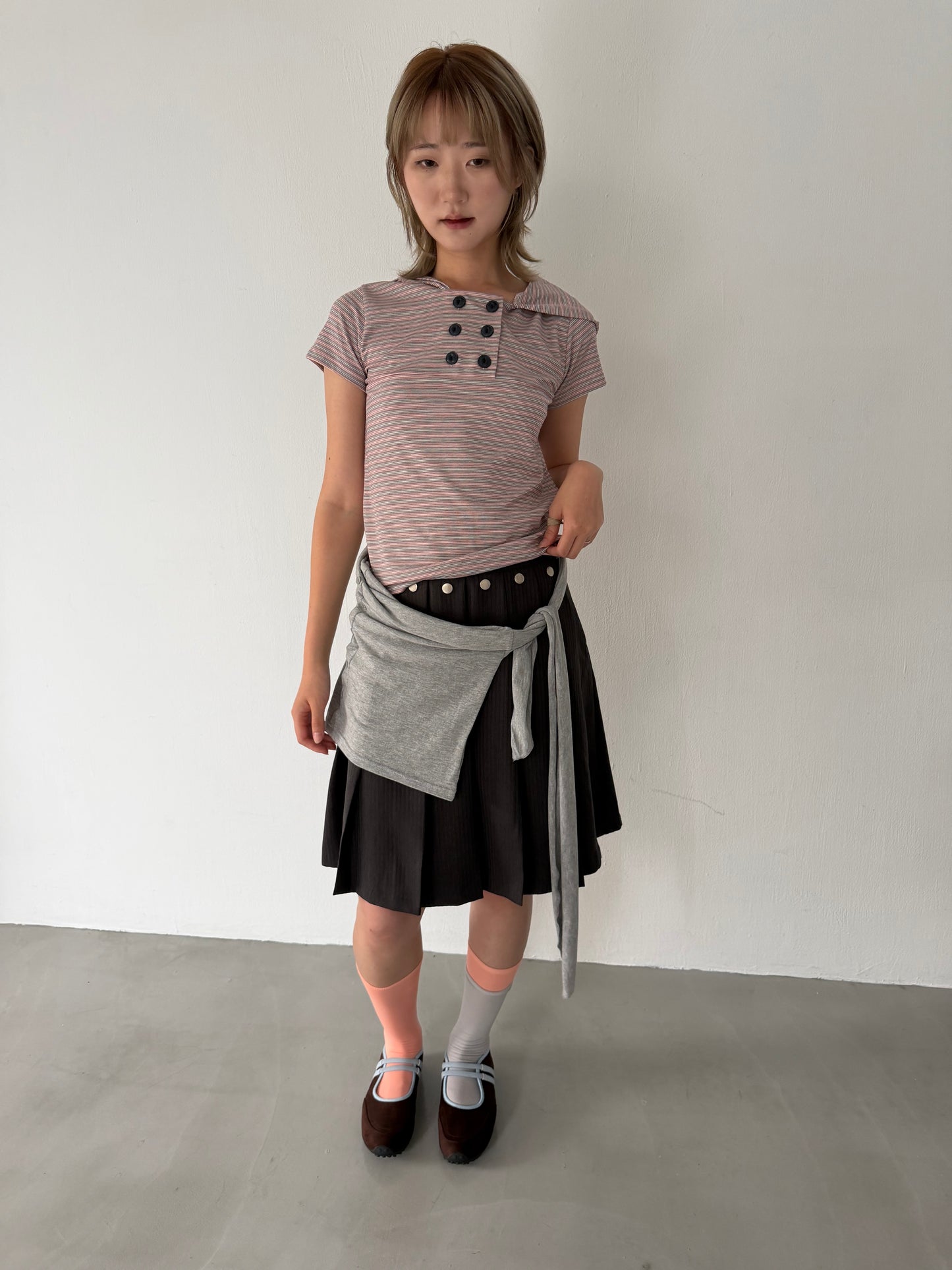 Striped button-down hooded short-sleeved top