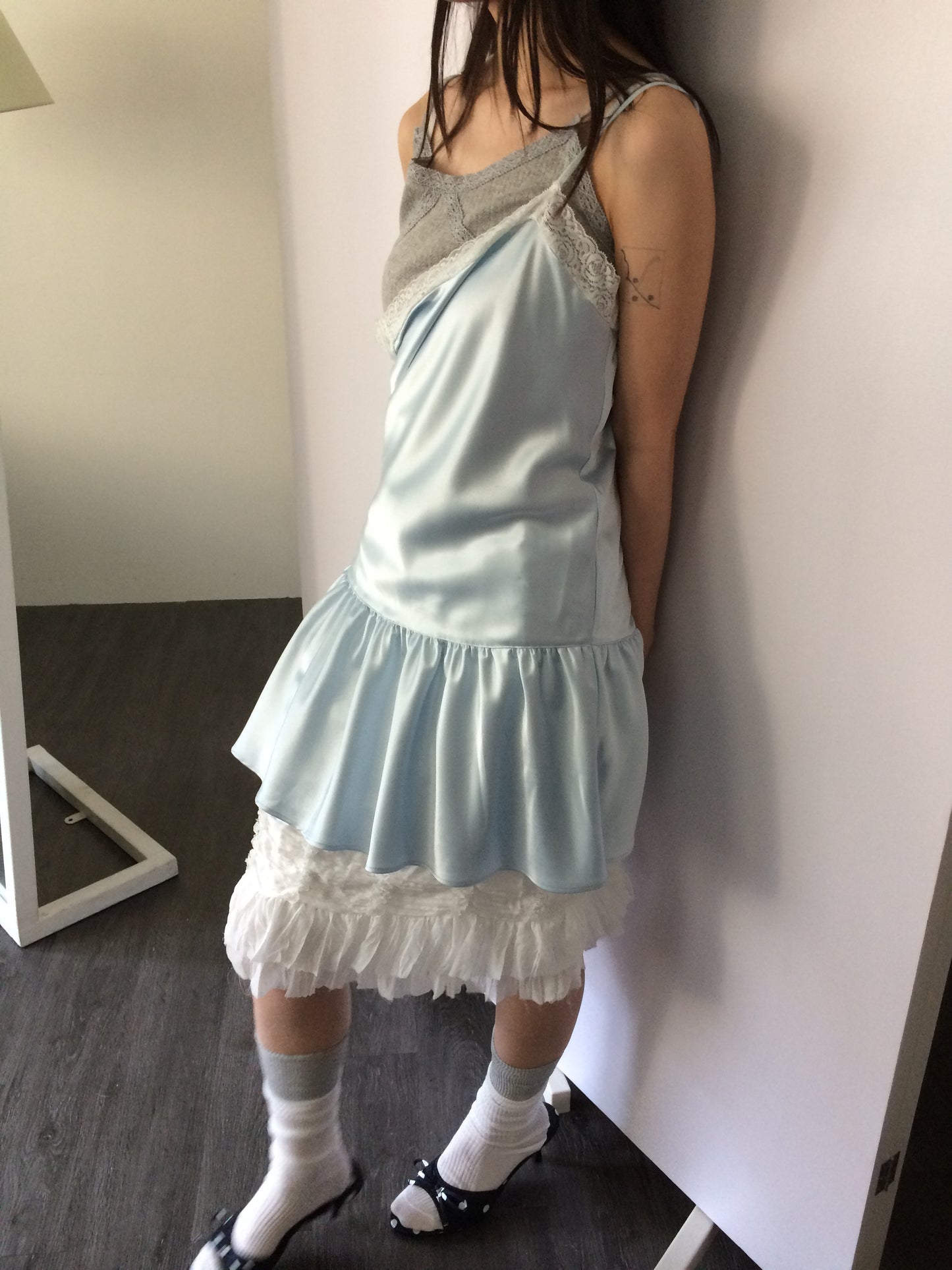 Thin-strap satin lace-trimmed camisole dress