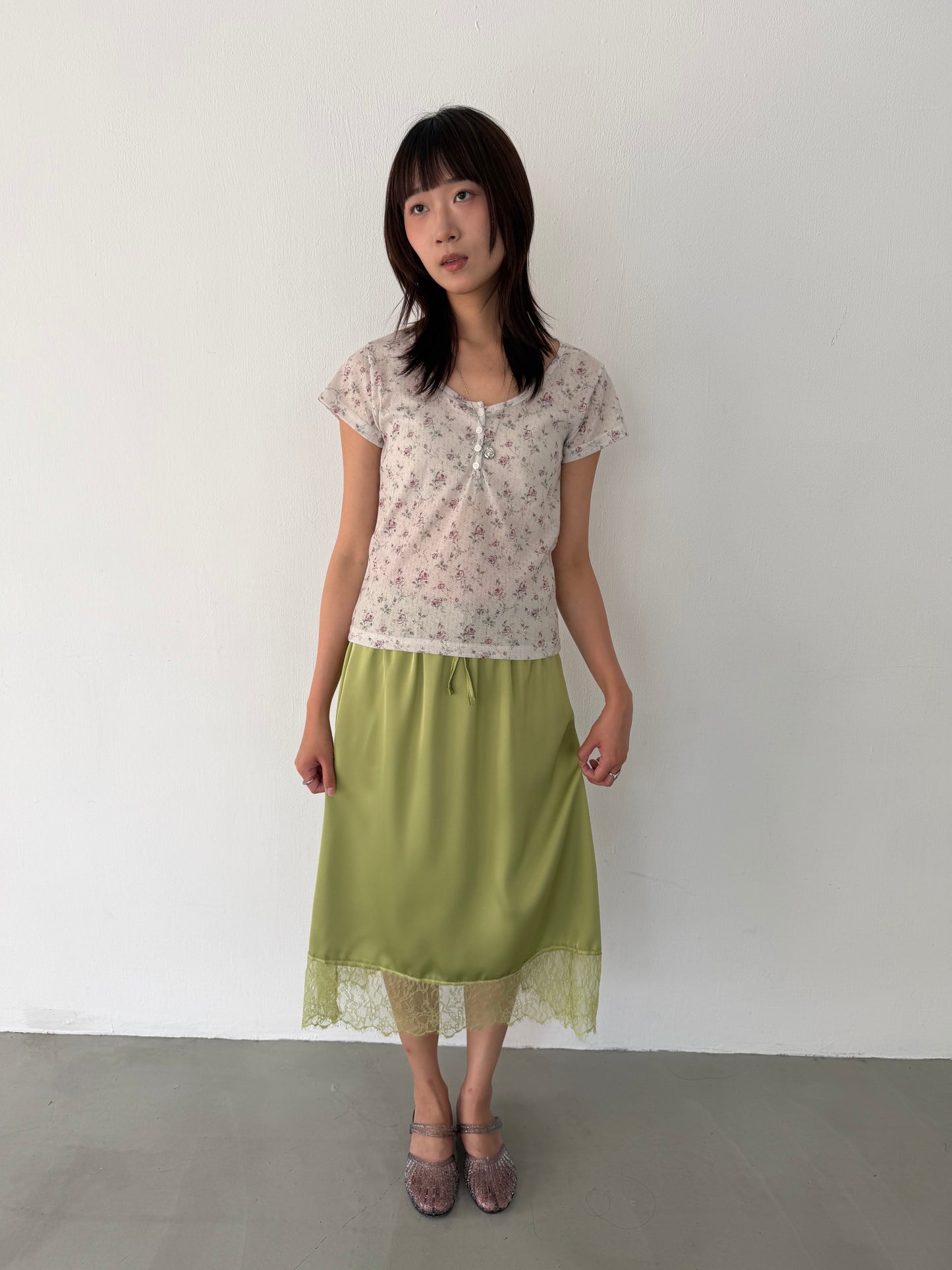 Floral Button Elastic Short-Sleeve