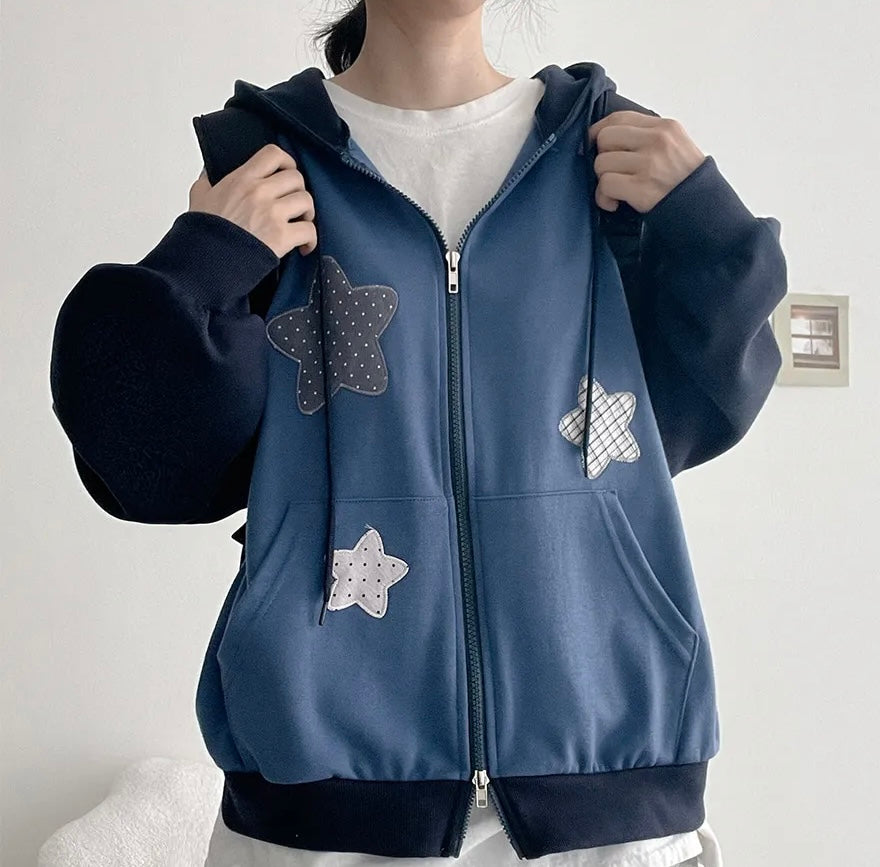 星星插肩連帽雙拉鏈外套