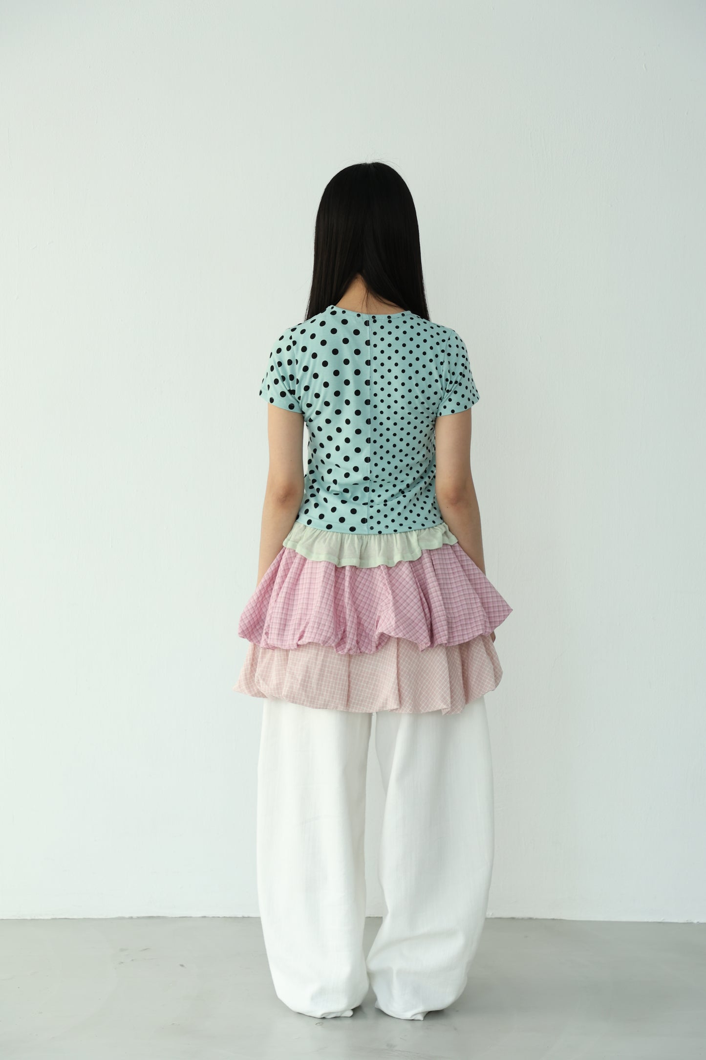 polka dot patchwork short-sleeved top