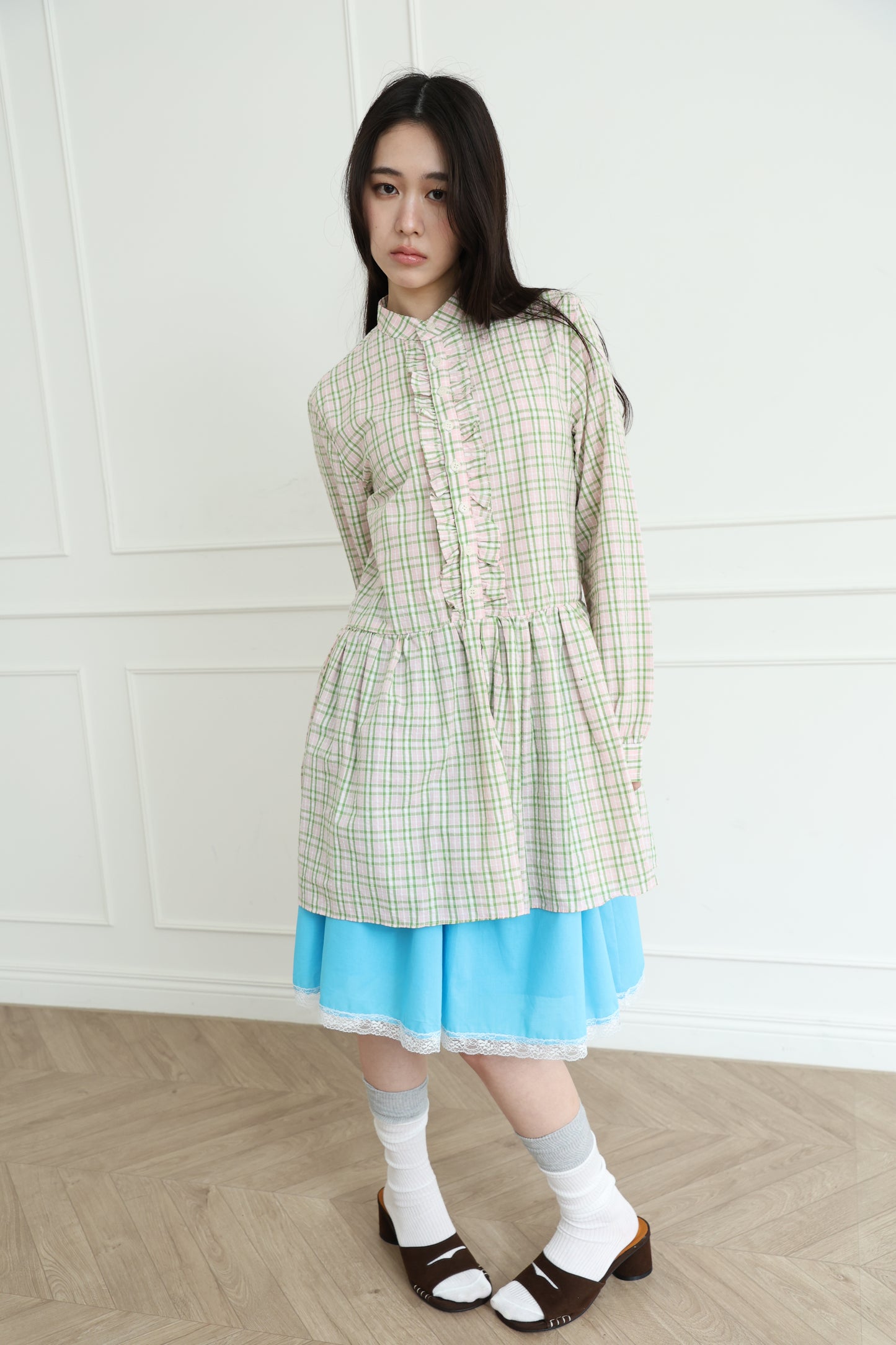 Plaid lace shirt dress
