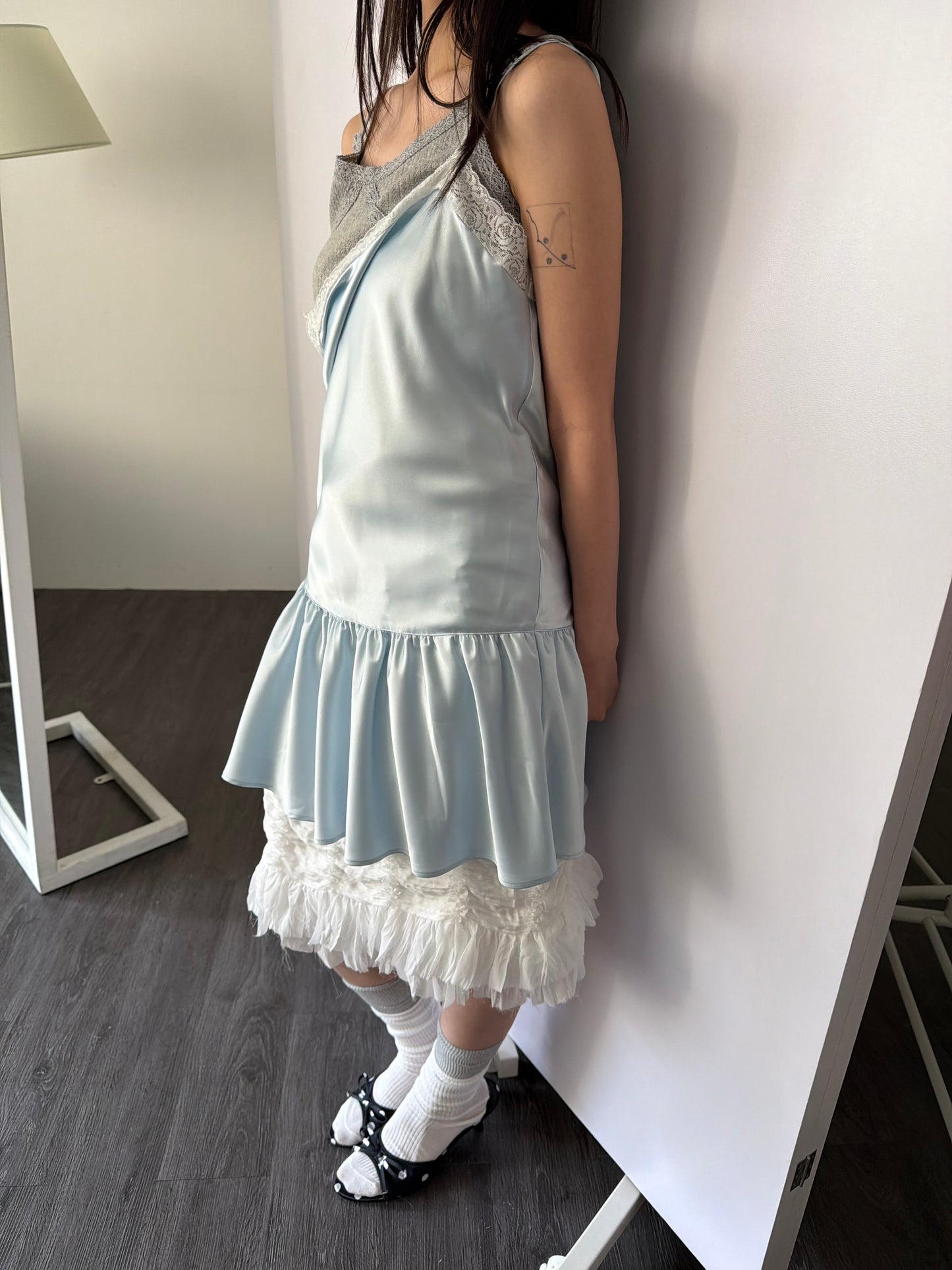 Thin-strap satin lace-trimmed camisole dress