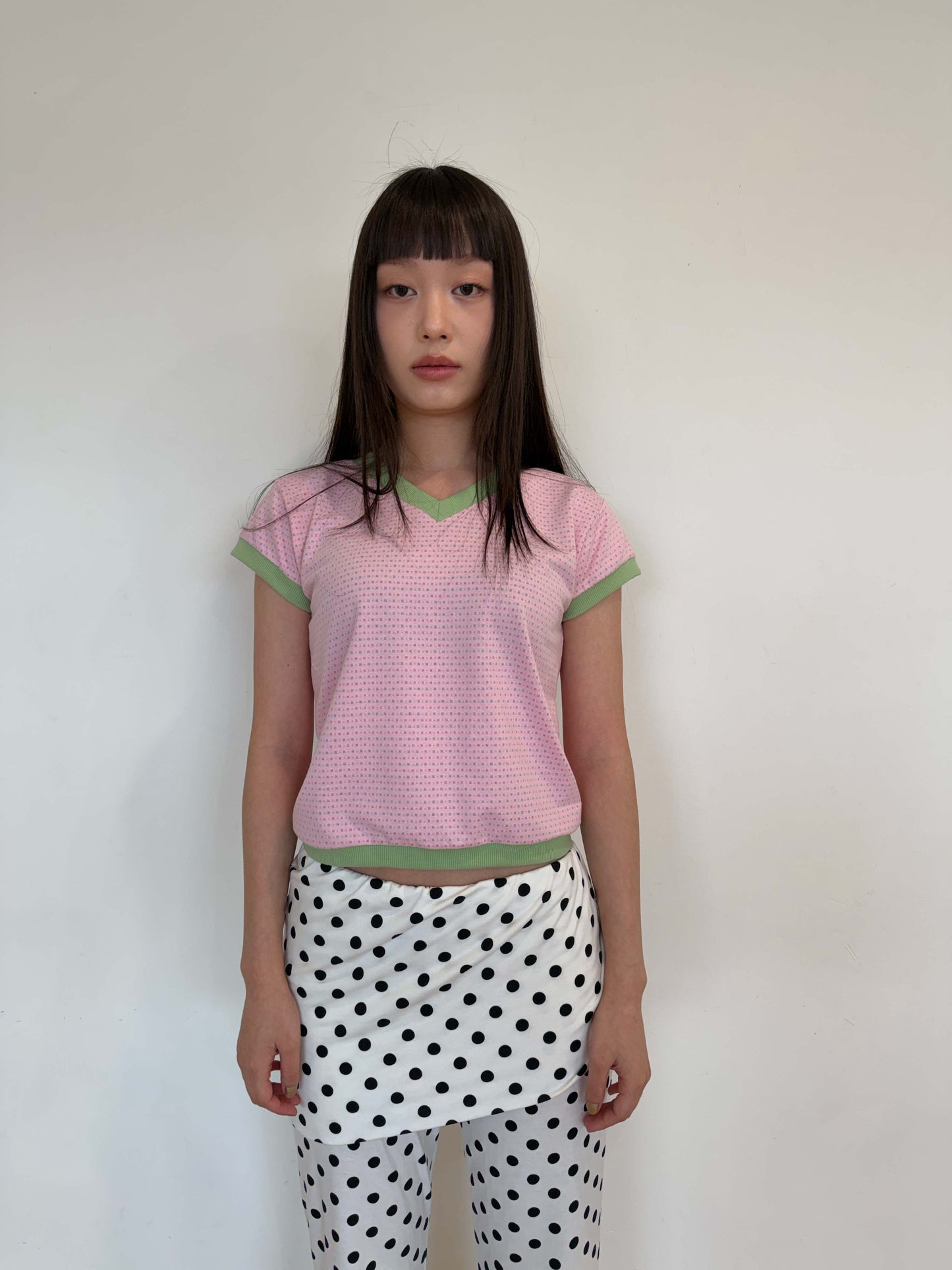 Candy-colored short-sleeved V-neck top