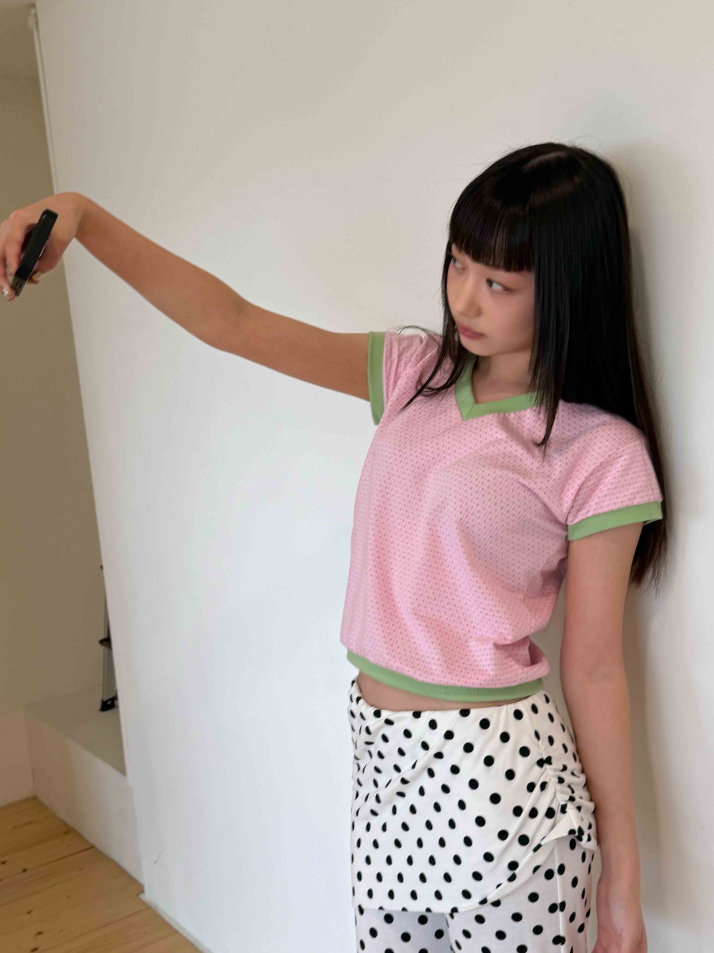 Candy-colored short-sleeved V-neck top