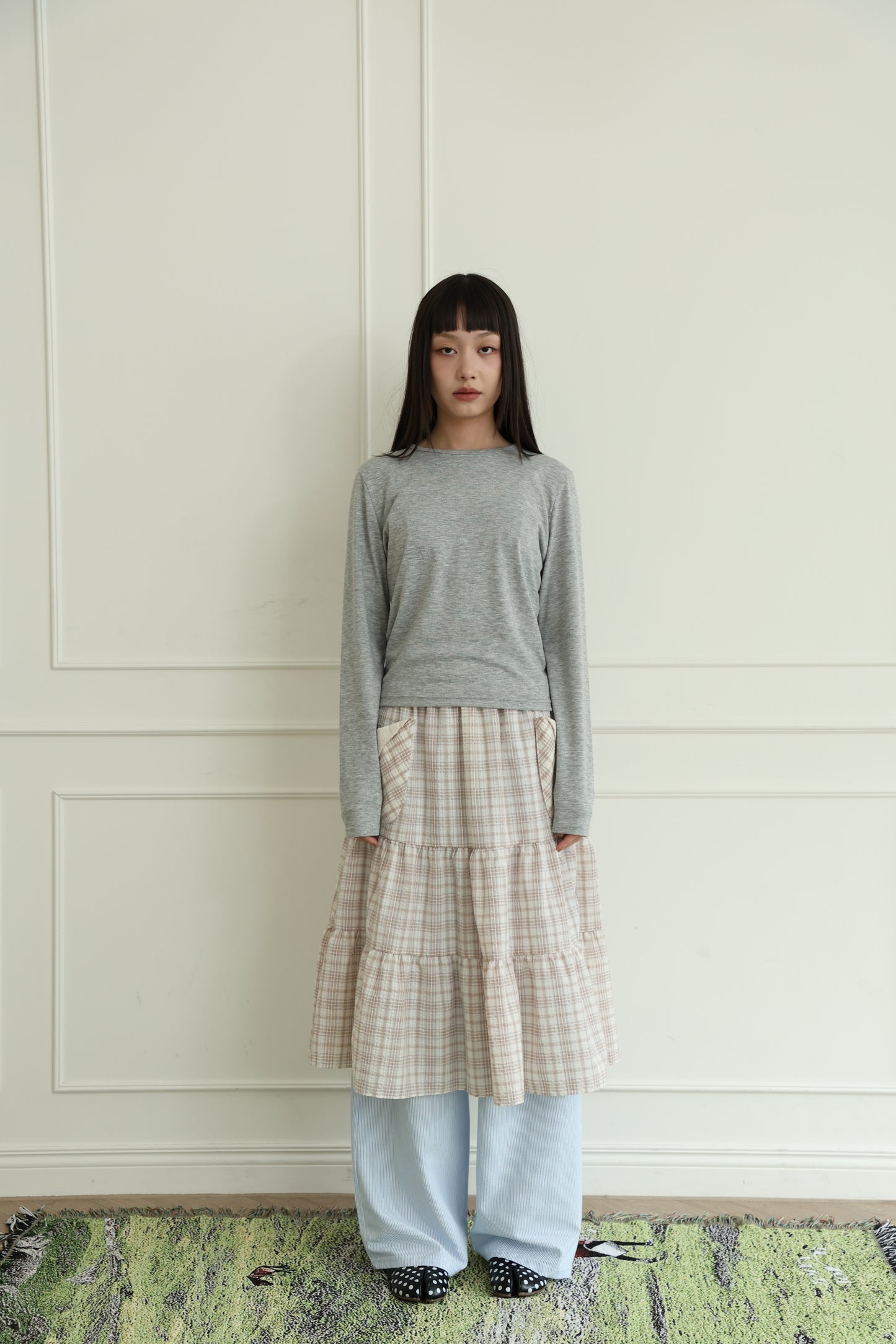 Pancake Check Button Midi Skirt