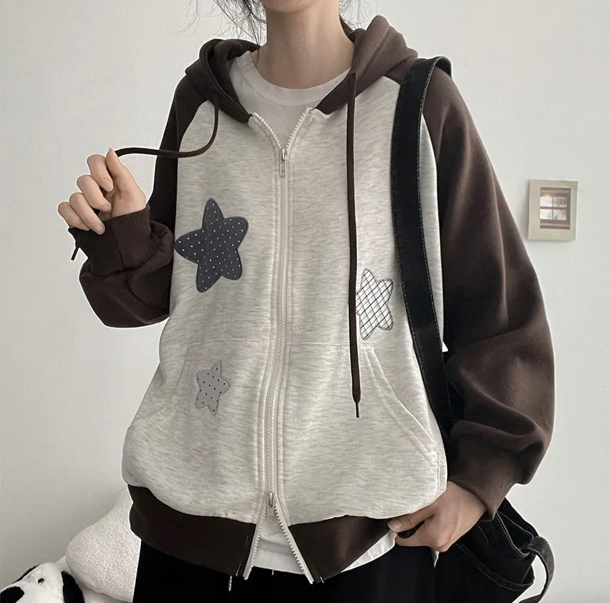 星星插肩連帽雙拉鏈外套