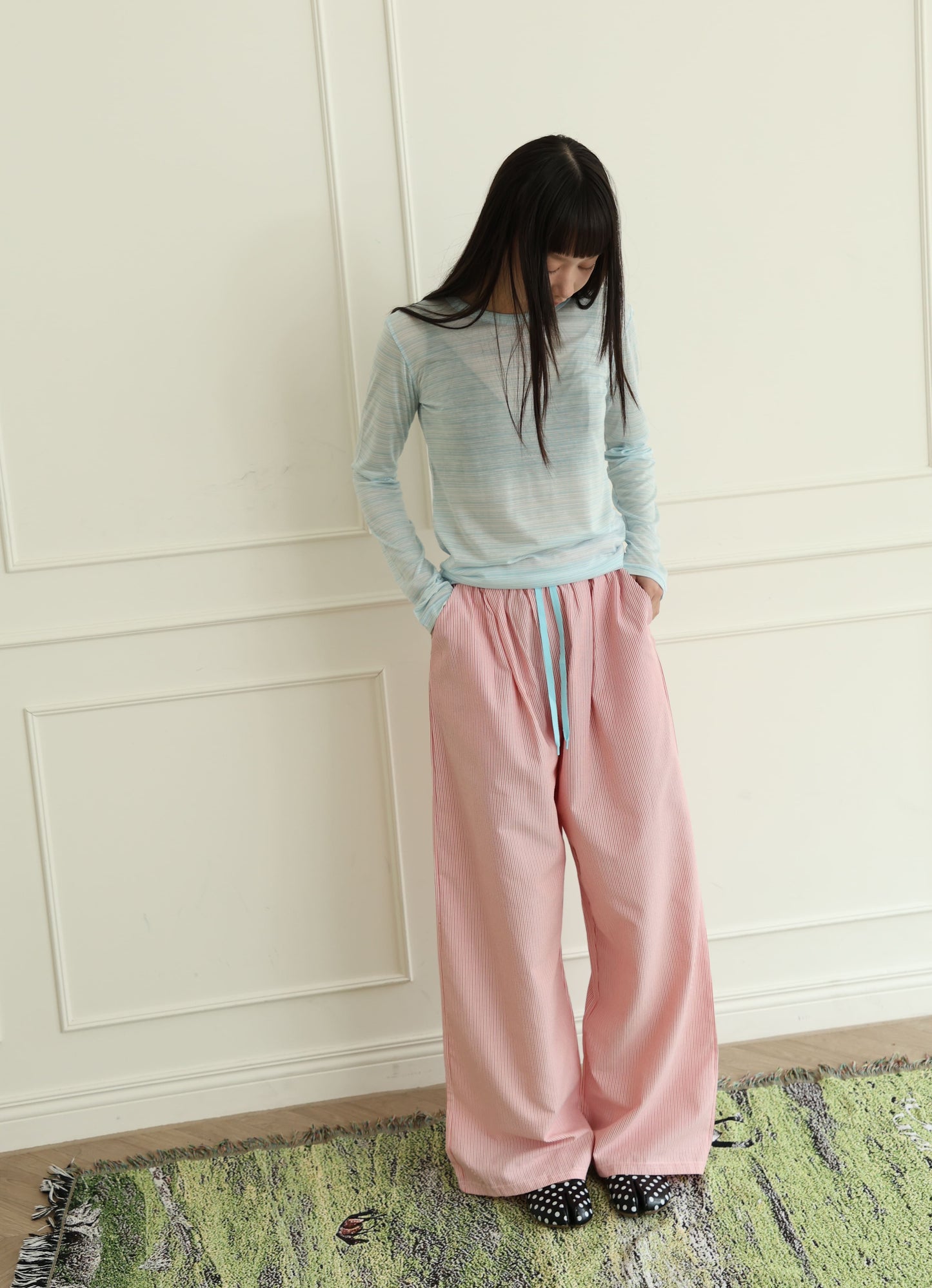 Sheer pinstriped long-sleeved top