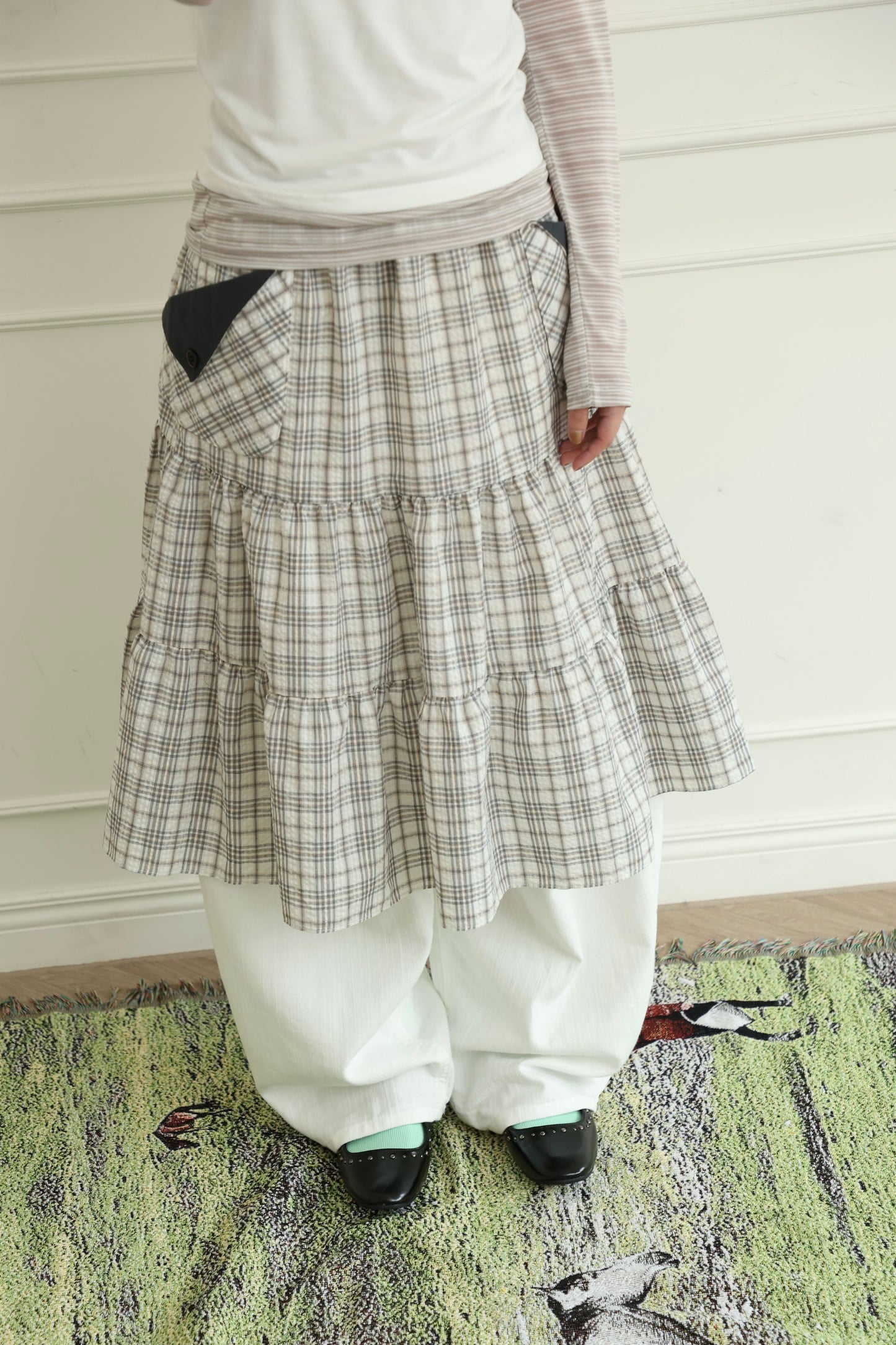 Pancake Check Button Midi Skirt